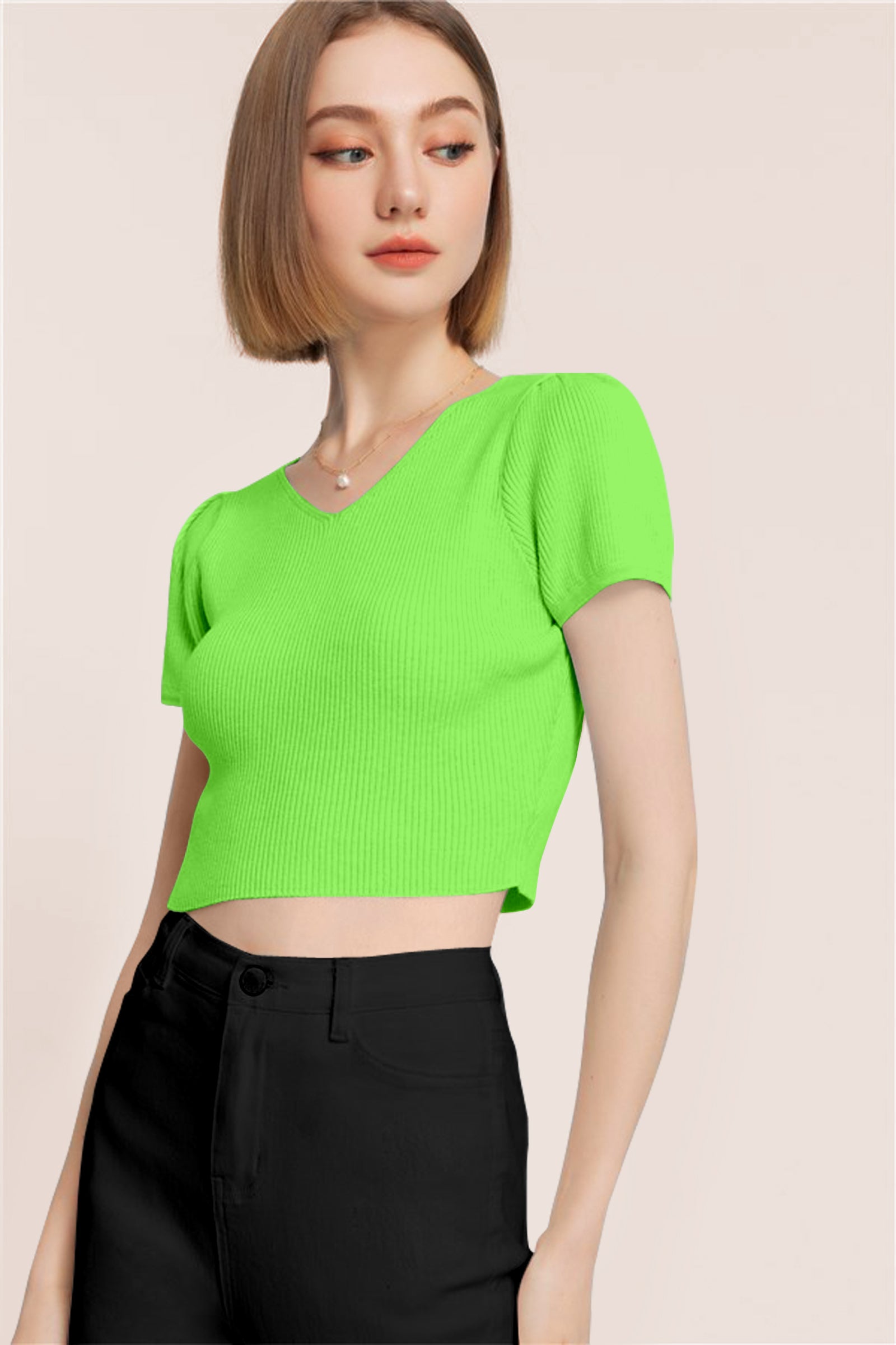 Women’s Ribbed V-Neck Crop Top – Grey