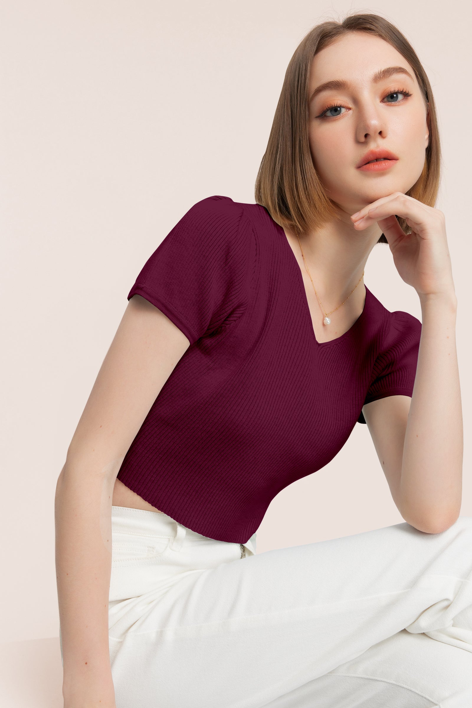 Women’s Ribbed V-Neck Crop Top – Grey