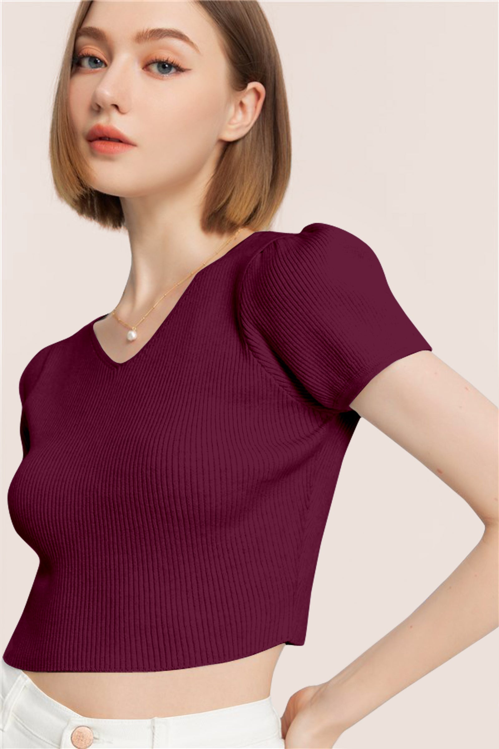 Women’s Ribbed V-Neck Crop Top – Wine