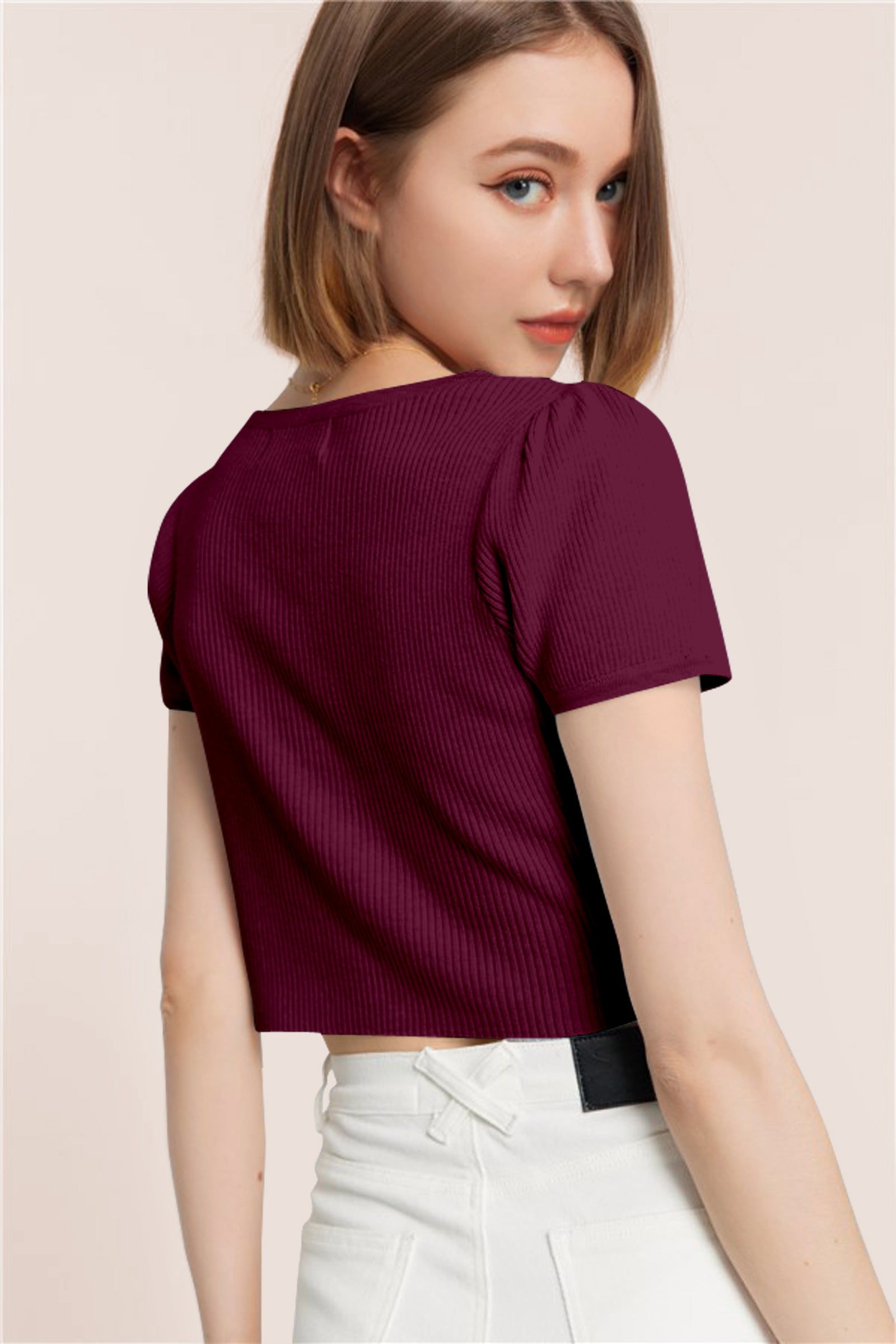 Women’s Ribbed V-Neck Crop Top – Grey