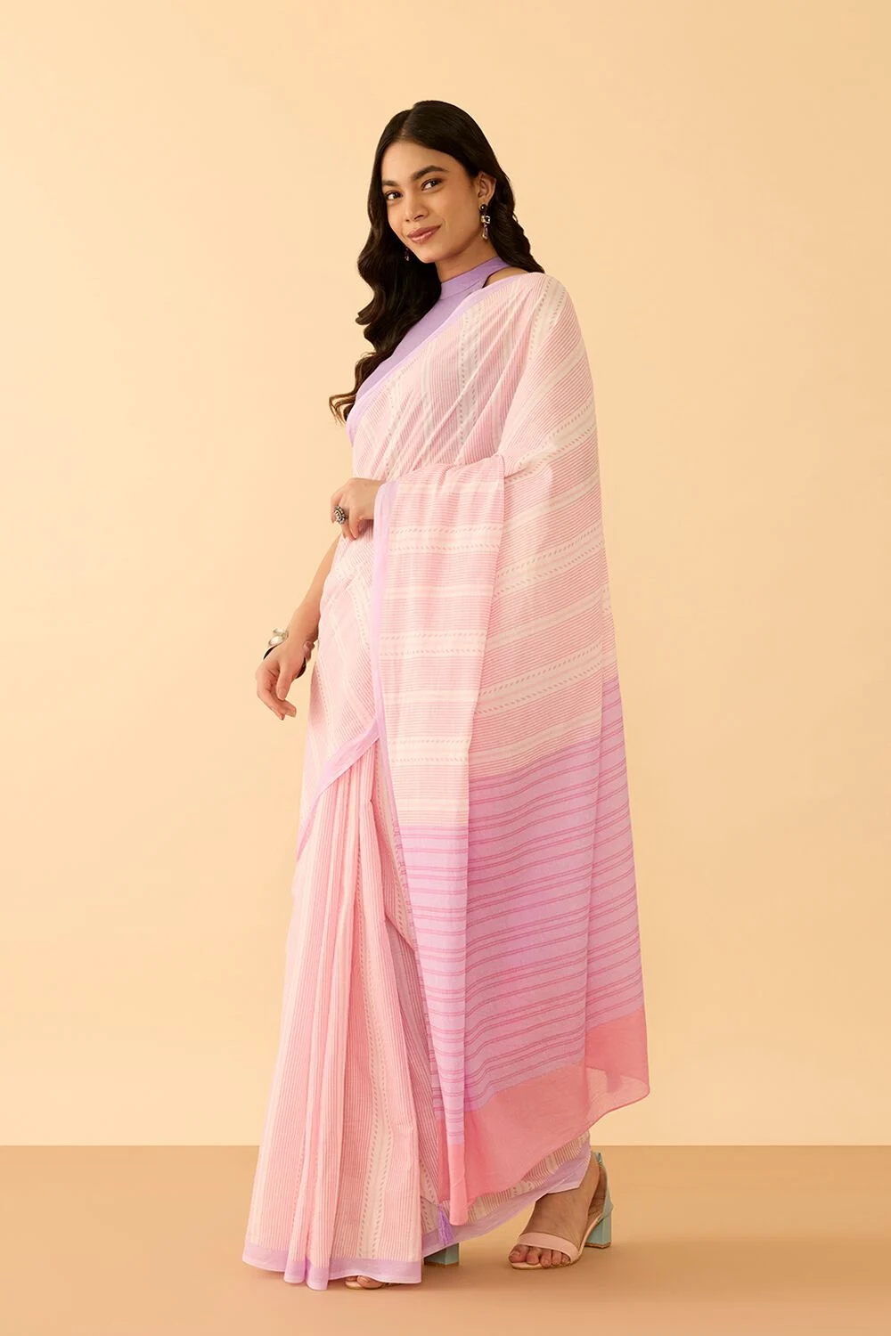 White Floral Printed Cotton Saree with Peach Border