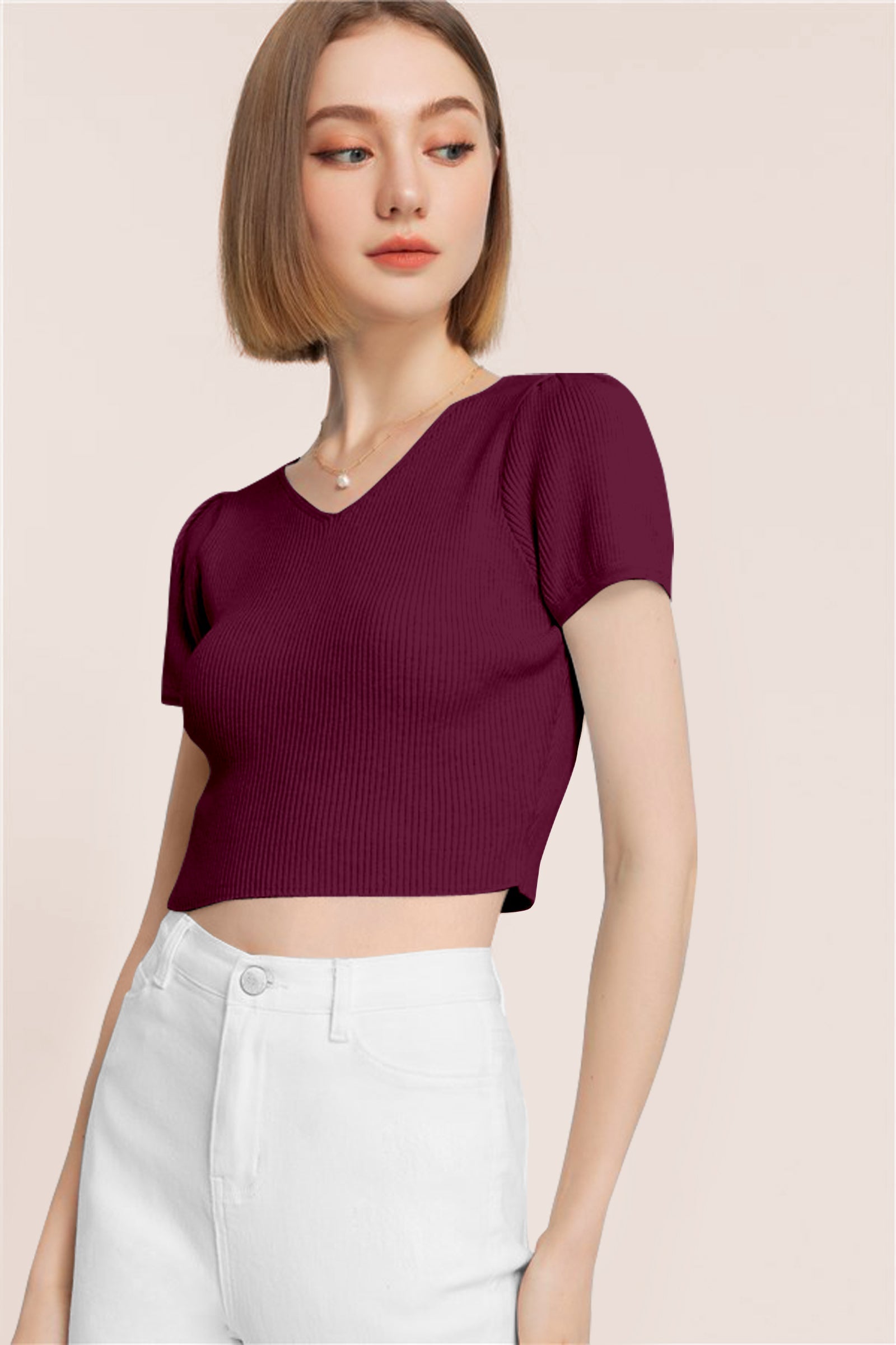 Women’s Ribbed V-Neck Crop Top – Wine