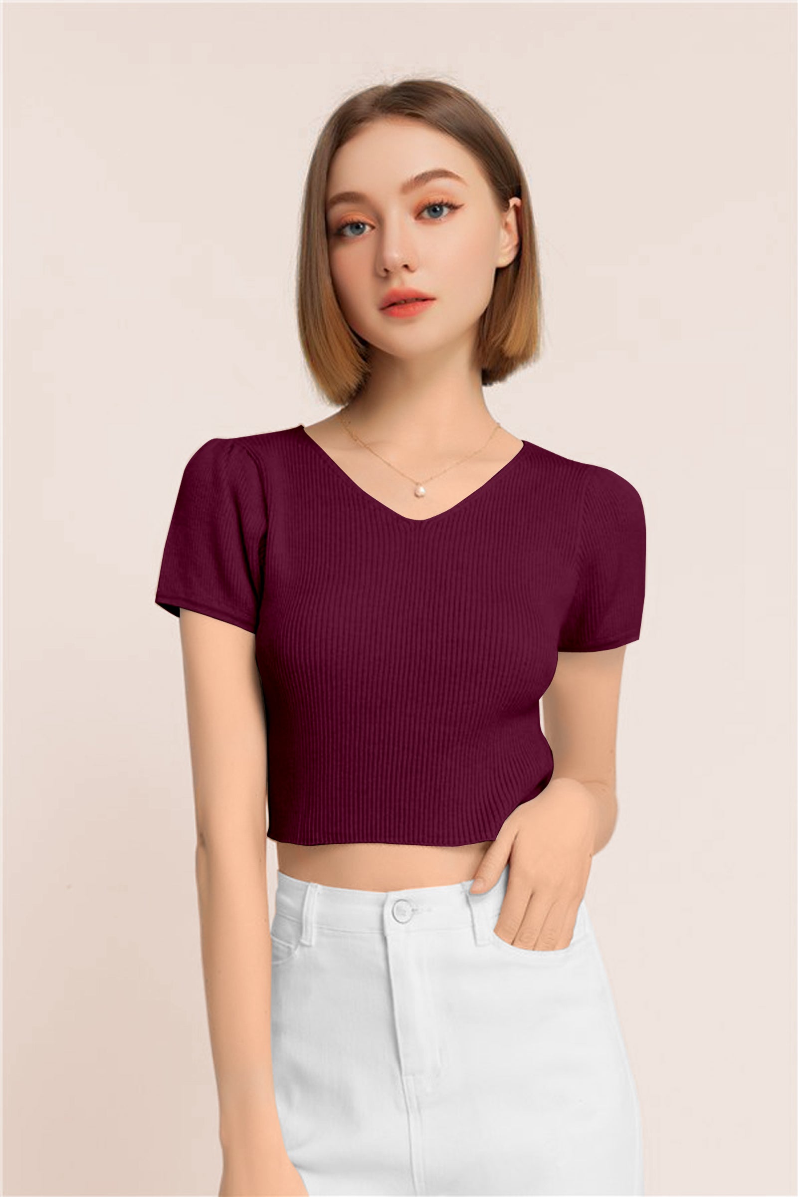 Women’s Ribbed V-Neck Crop Top – Grey
