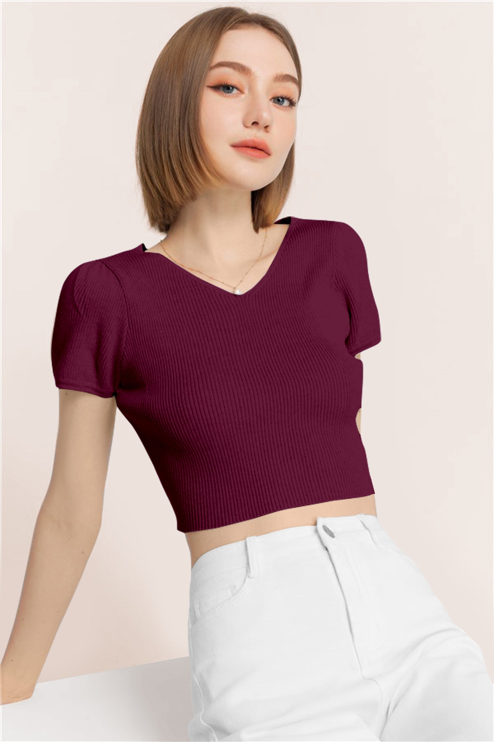 Women’s Ribbed V-Neck Crop Top – Wine