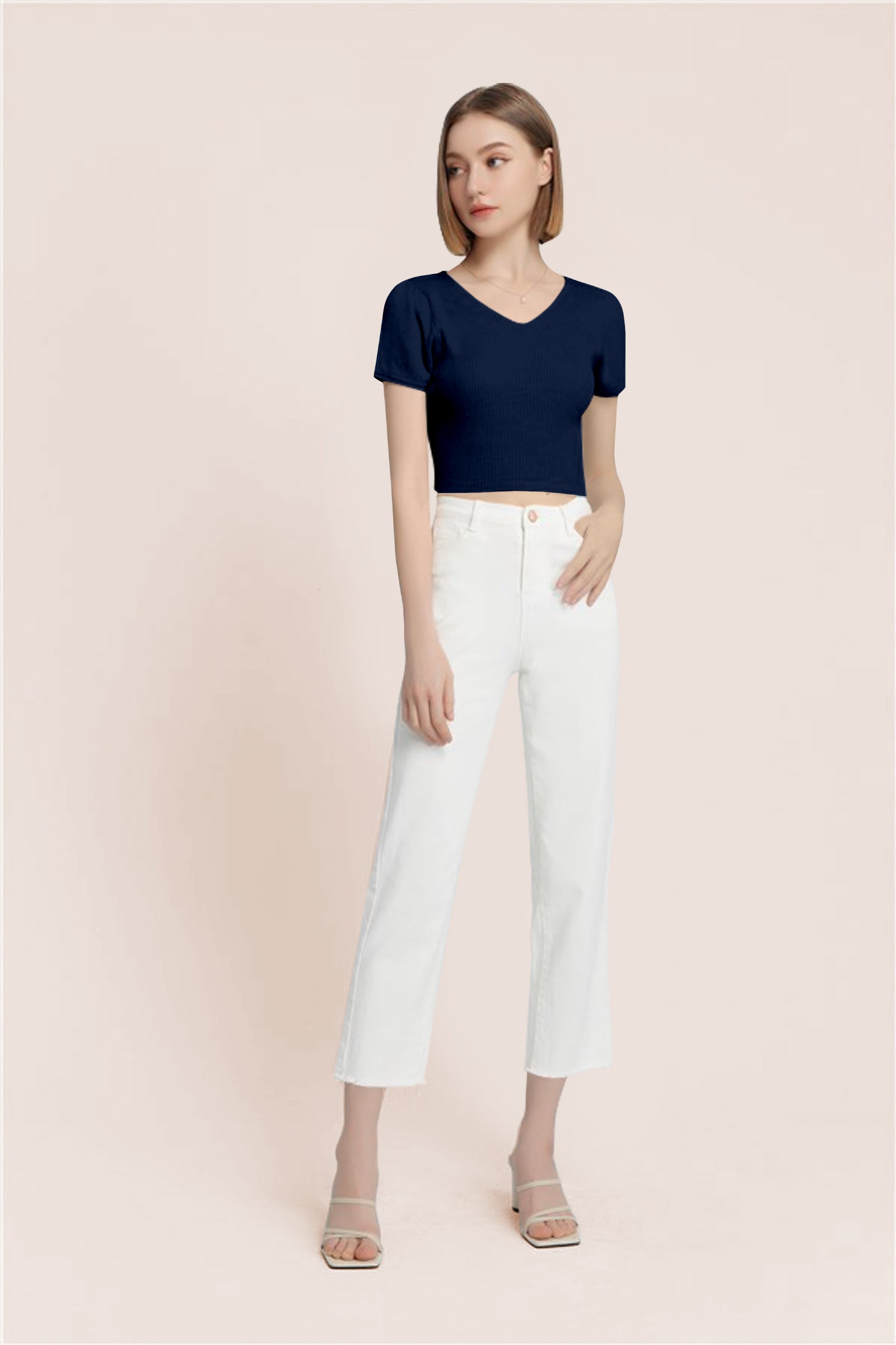 Women’s Ribbed V-Neck Crop Top – Grey