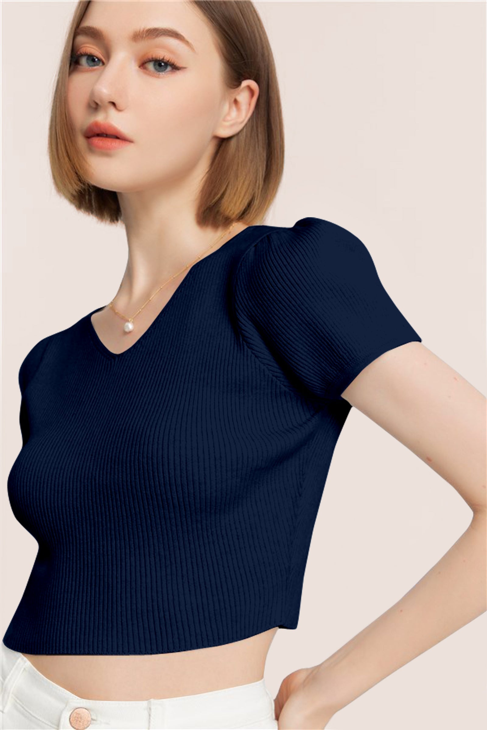Women’s Ribbed V-Neck Crop Top – Navy Blue