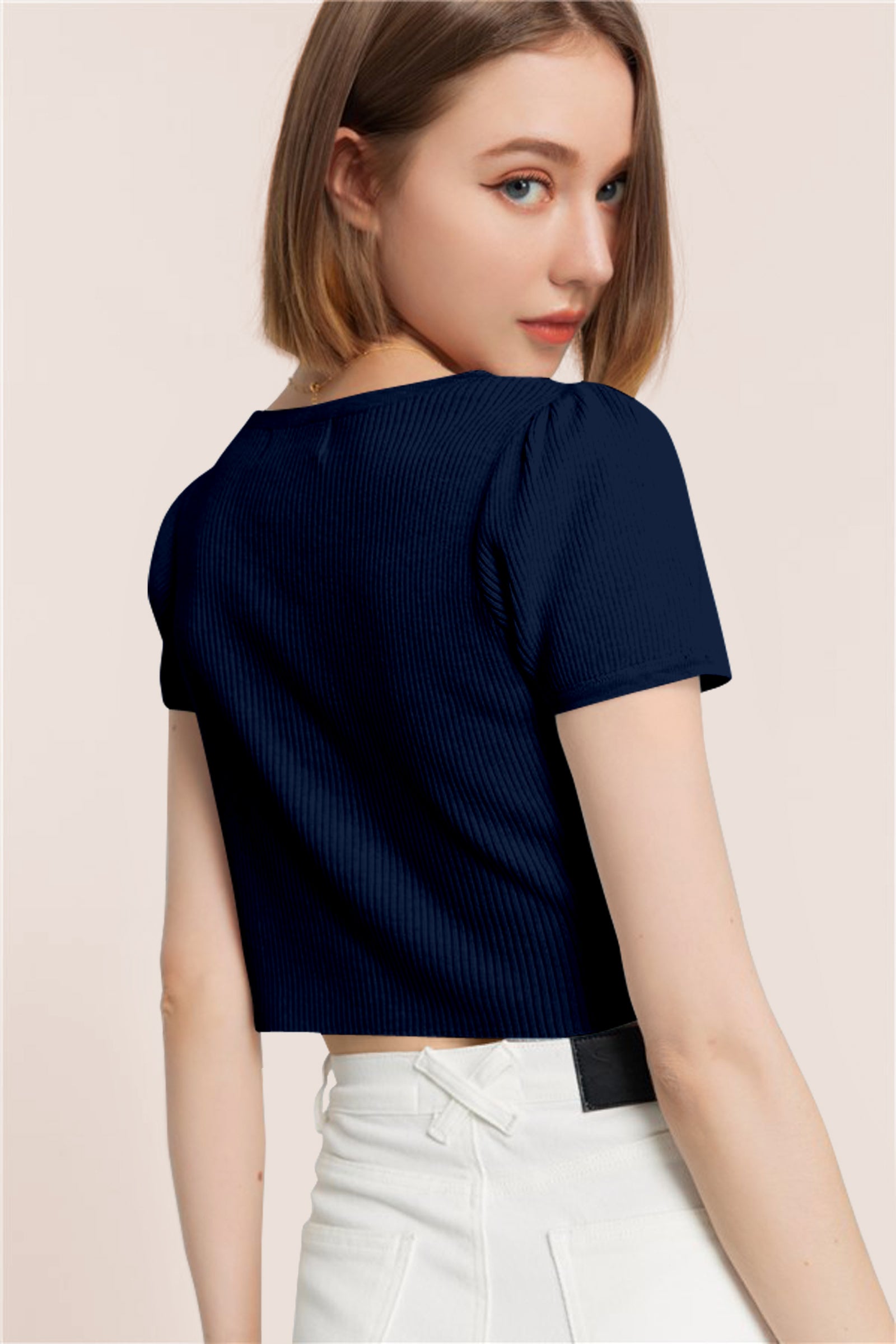 Women’s Ribbed V-Neck Crop Top – Grey