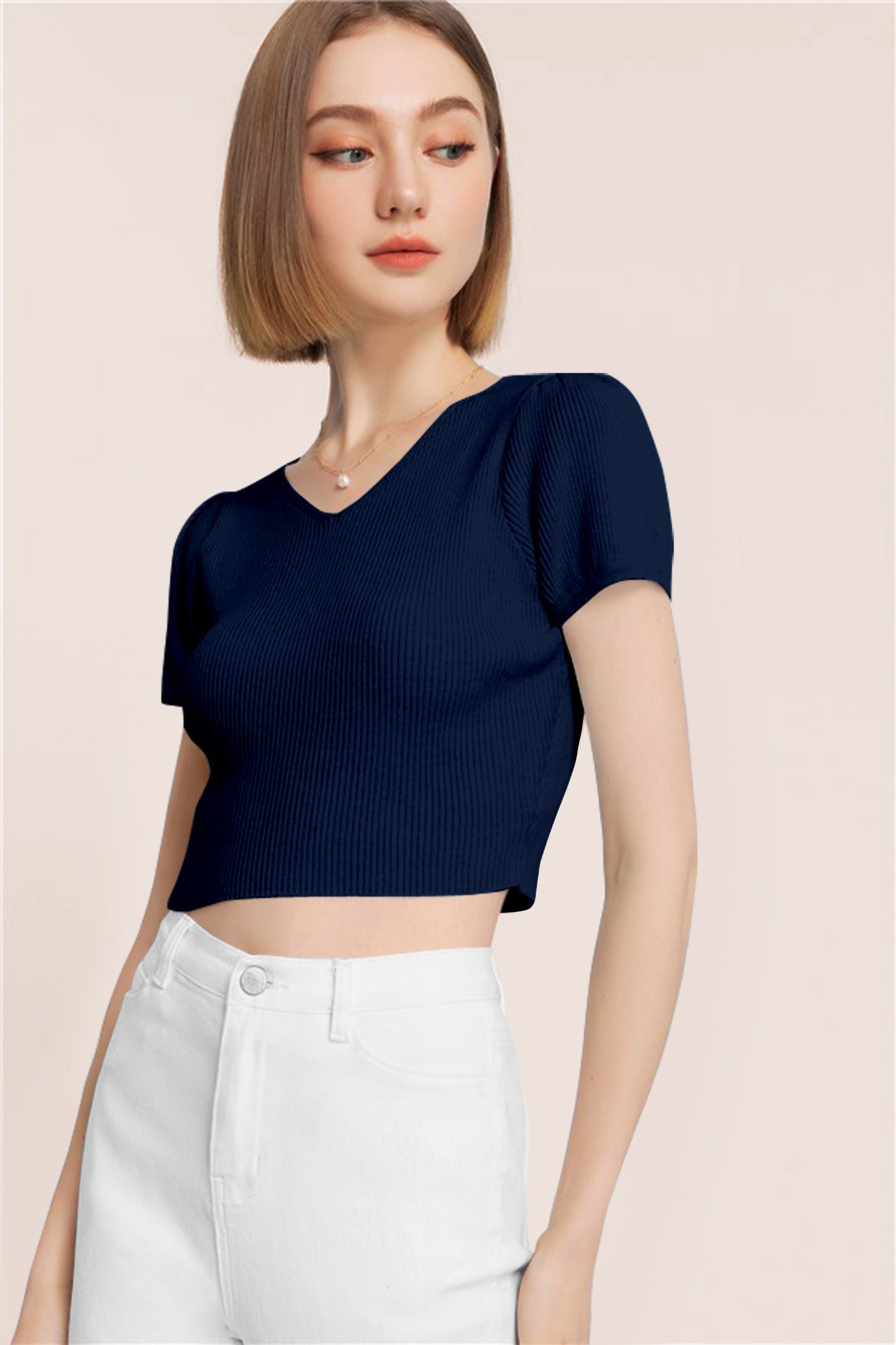 Women’s Ribbed V-Neck Crop Top – Navy Blue
