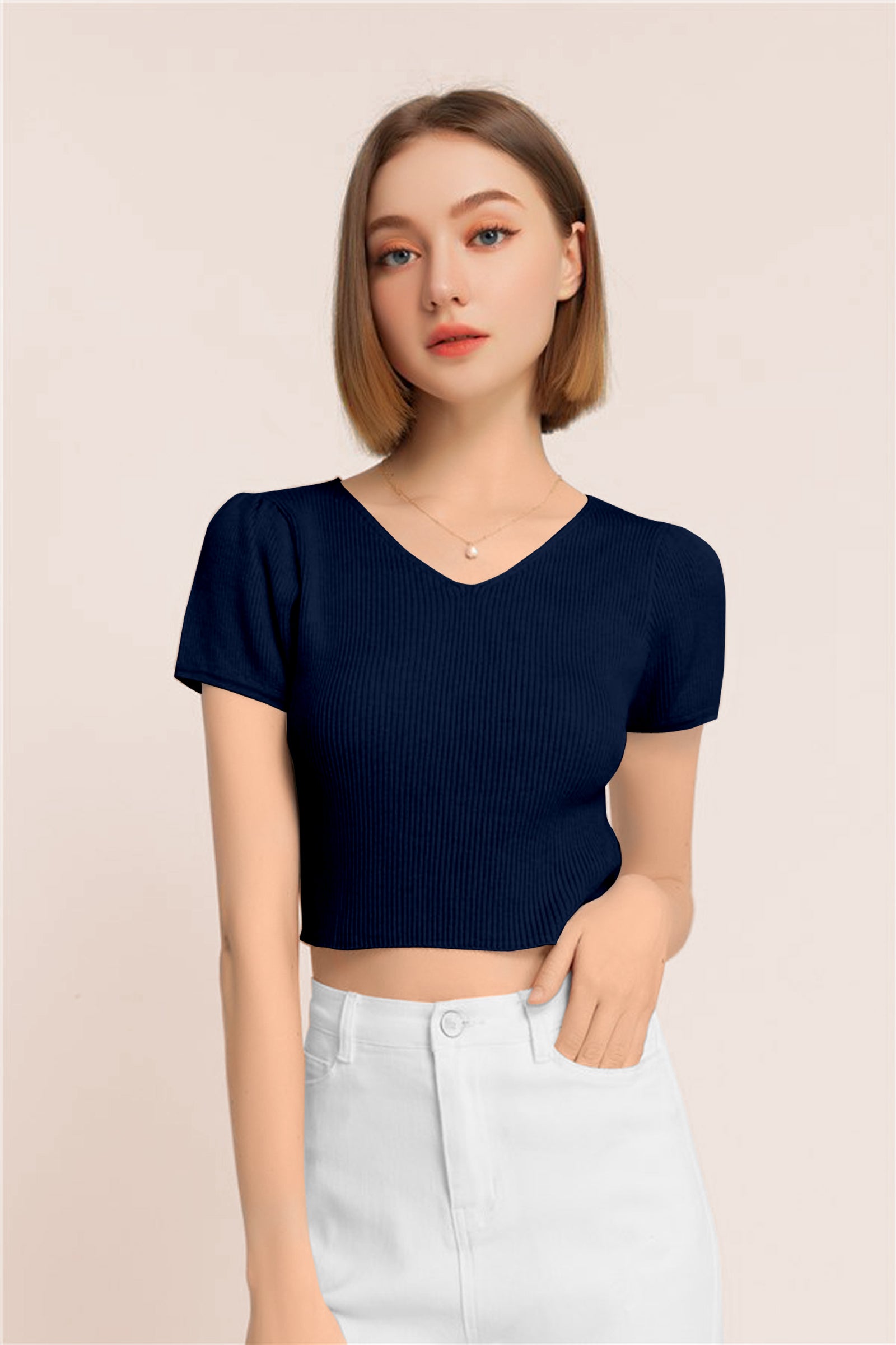 Women’s Ribbed V-Neck Crop Top – Grey