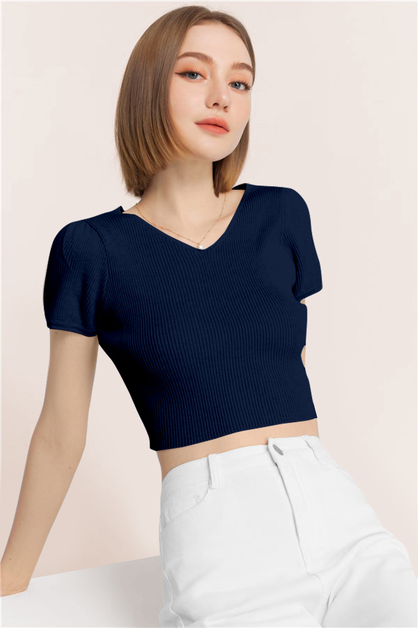 Women’s Ribbed V-Neck Crop Top – Grey