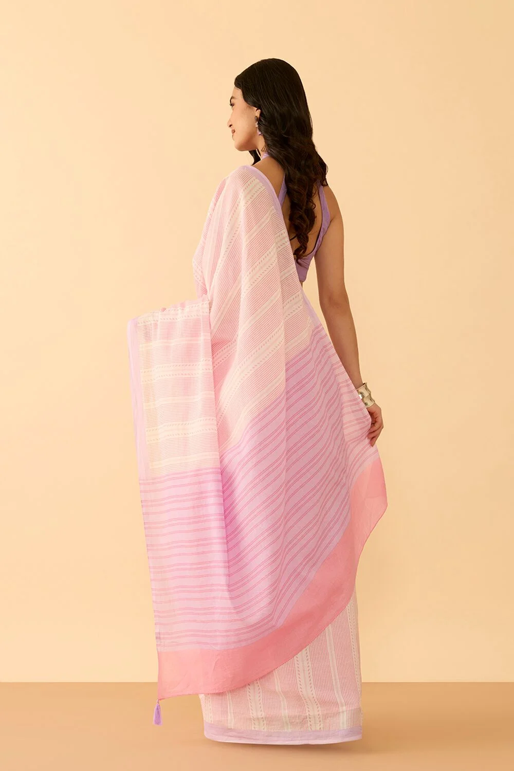 White Floral Printed Cotton Saree with Peach Border