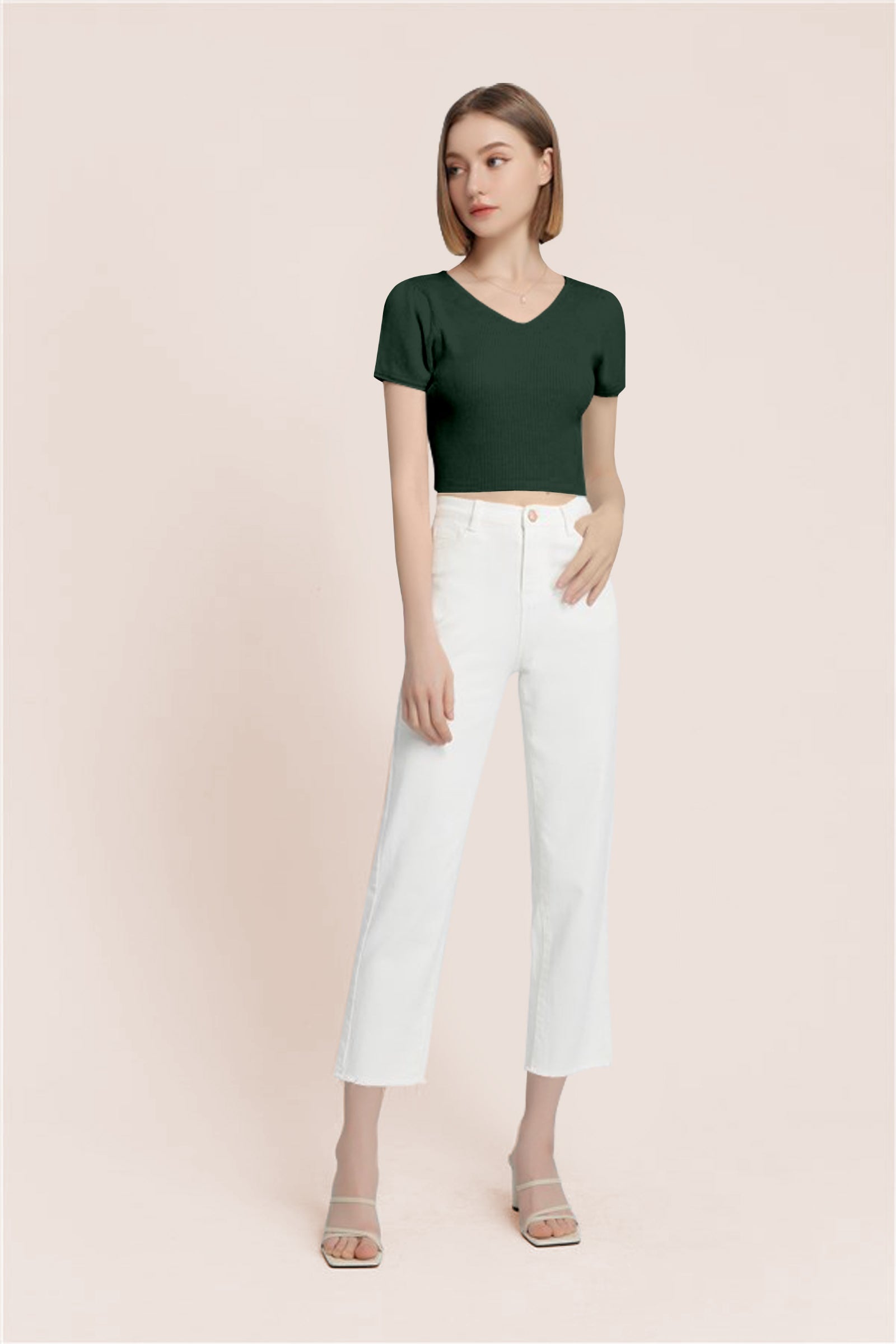 Women’s Ribbed V-Neck Crop Top – Dark Green