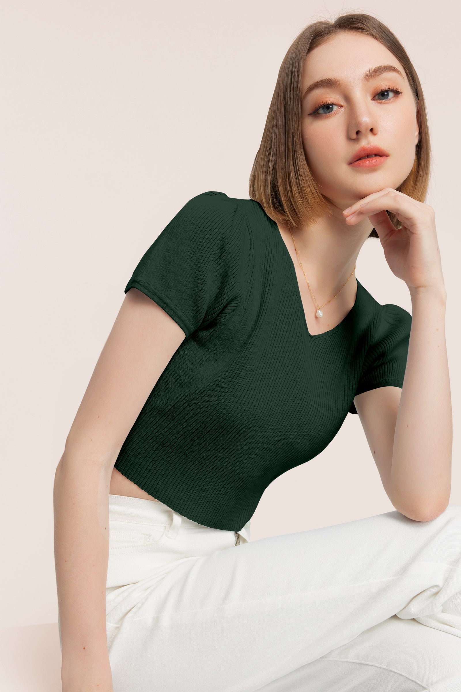 Women’s Ribbed V-Neck Crop Top – Dark Green