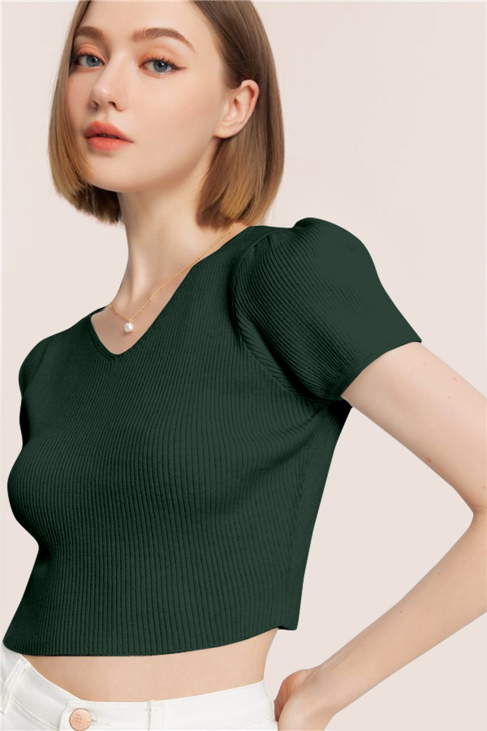 Women’s Ribbed V-Neck Crop Top – Dark Green