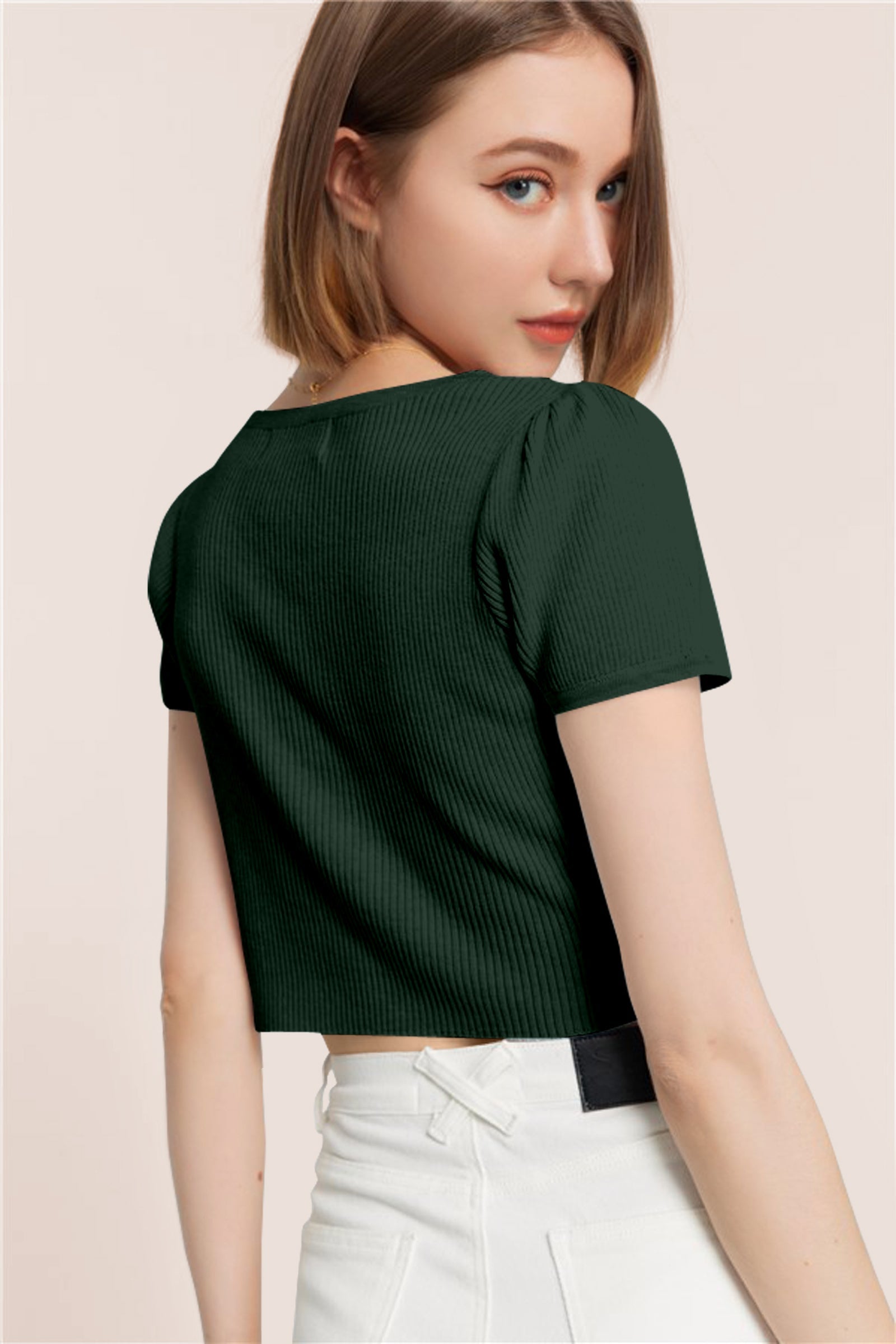 Women’s Ribbed V-Neck Crop Top – Dark Green