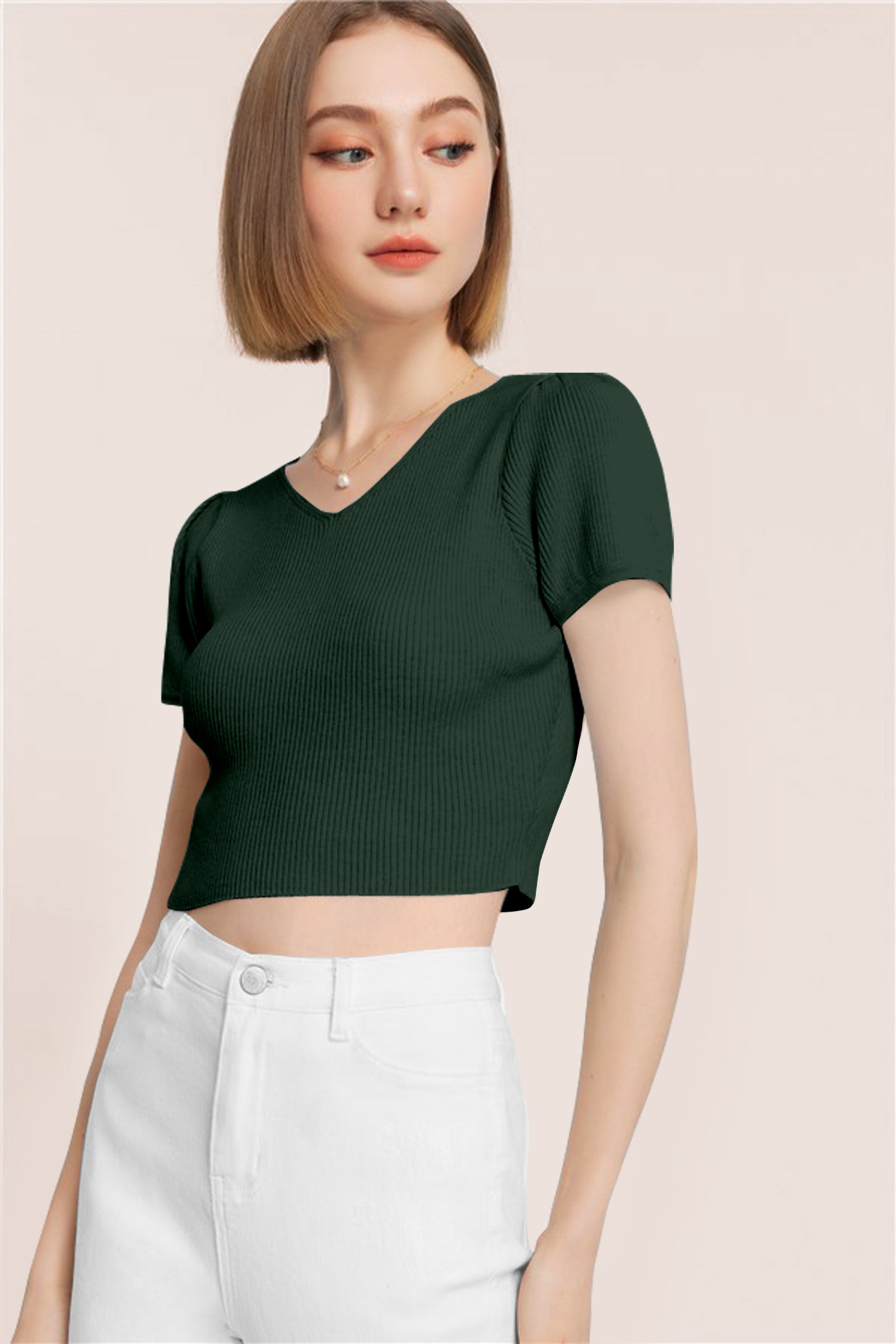 Women’s Ribbed V-Neck Crop Top – Grey
