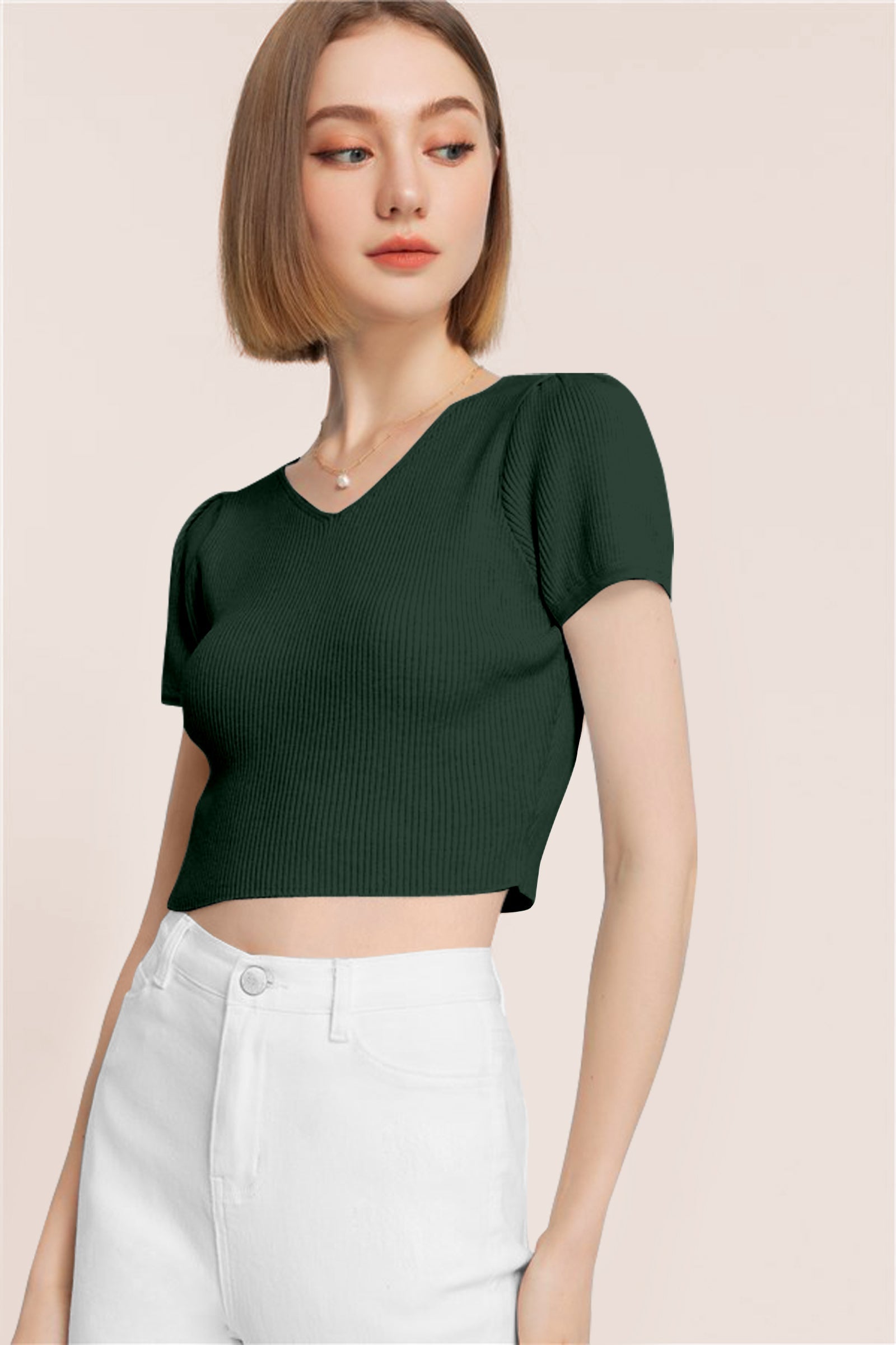 Women’s Ribbed V-Neck Crop Top – Dark Green