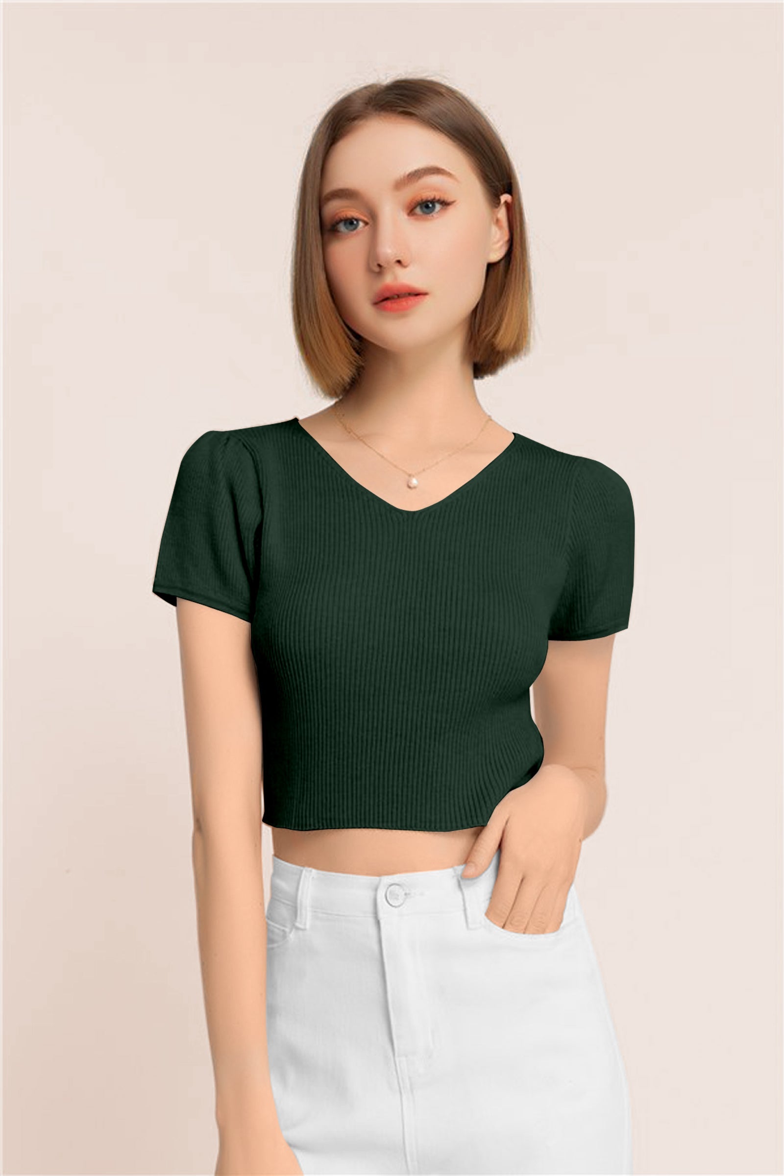 Women’s Ribbed V-Neck Crop Top – Dark Green
