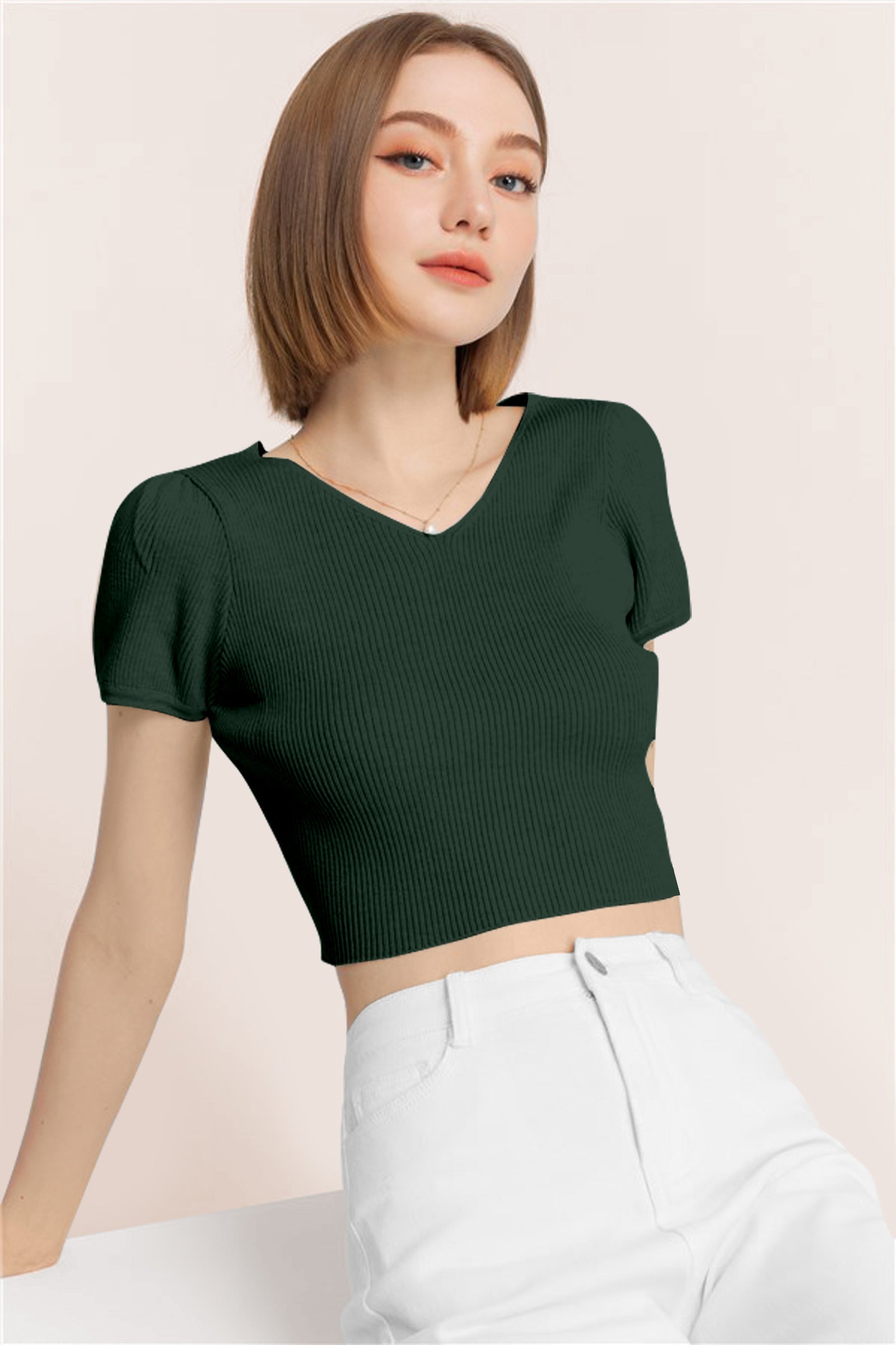 Women’s Ribbed V-Neck Crop Top – Dark Green