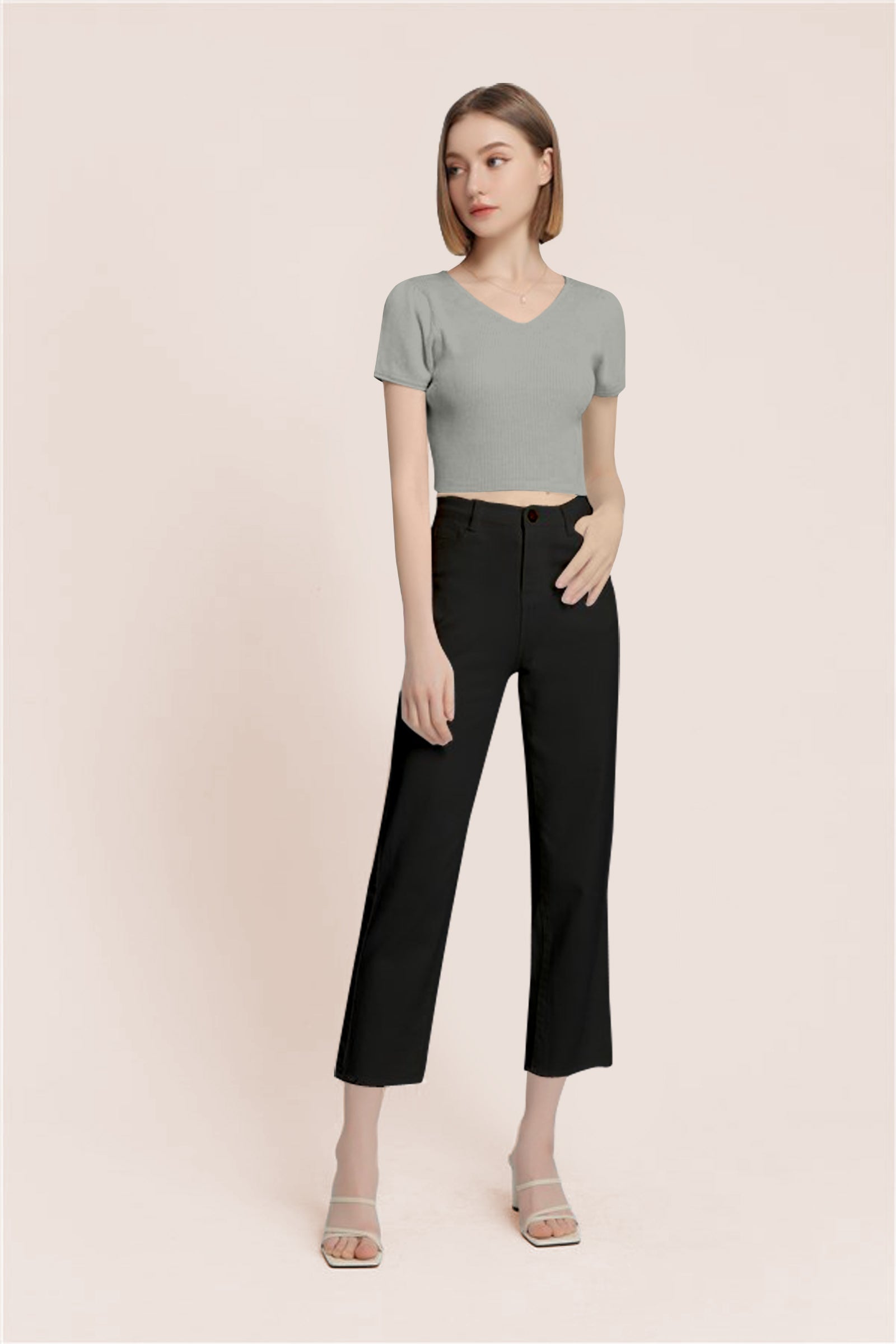 Women’s Ribbed V-Neck Crop Top – Grey