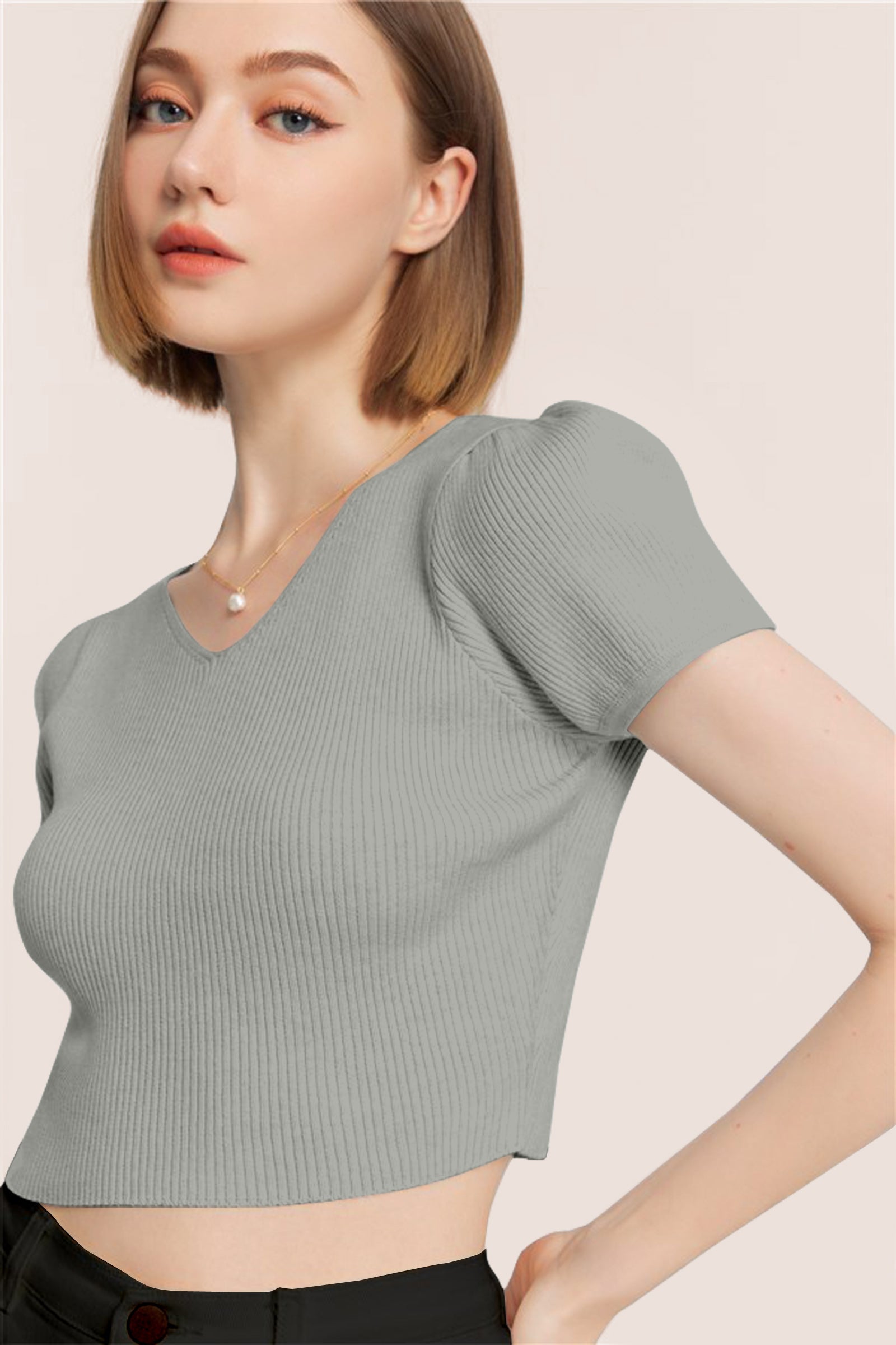 Women’s Ribbed V-Neck Crop Top – Grey