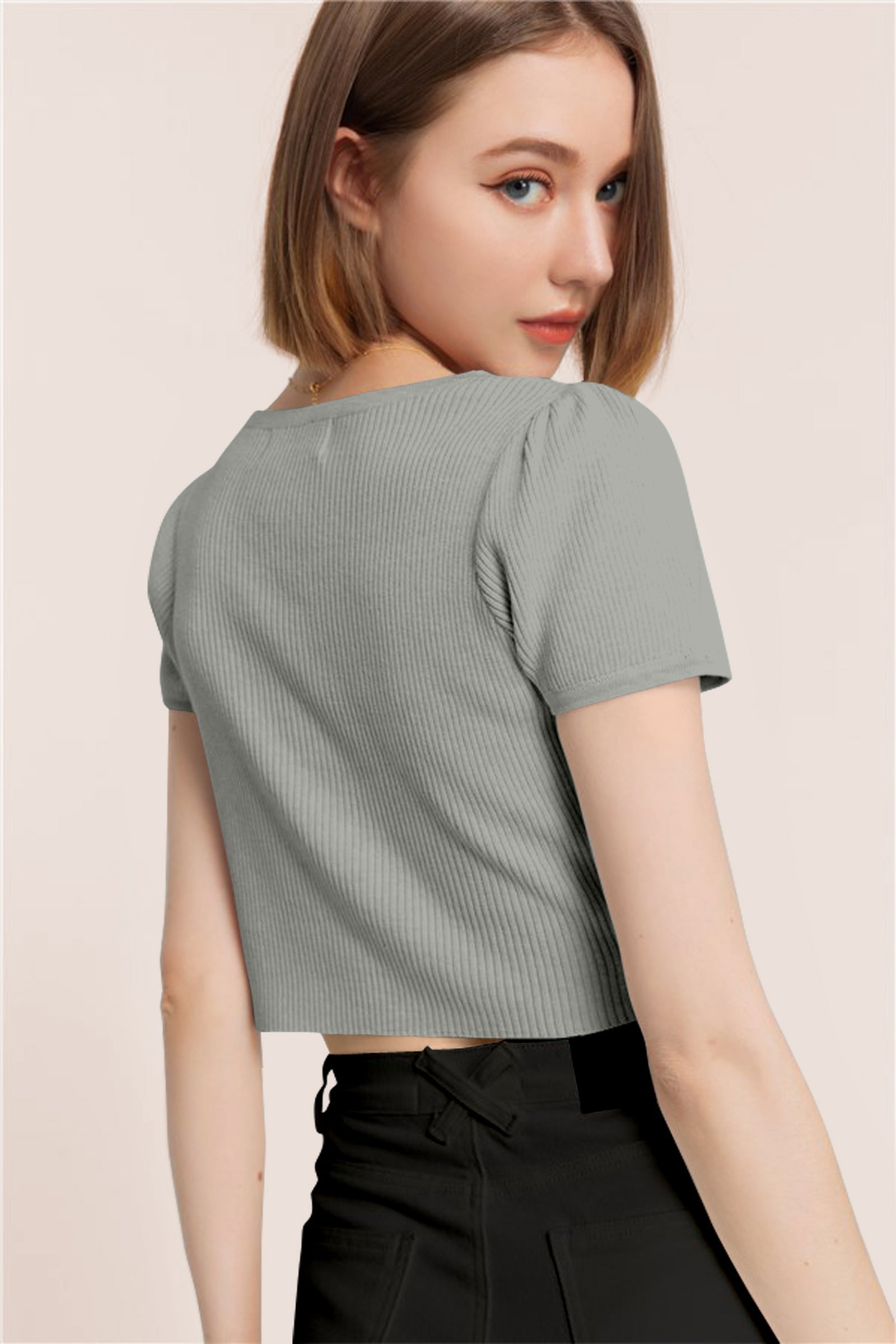 Women’s Ribbed V-Neck Crop Top – Grey