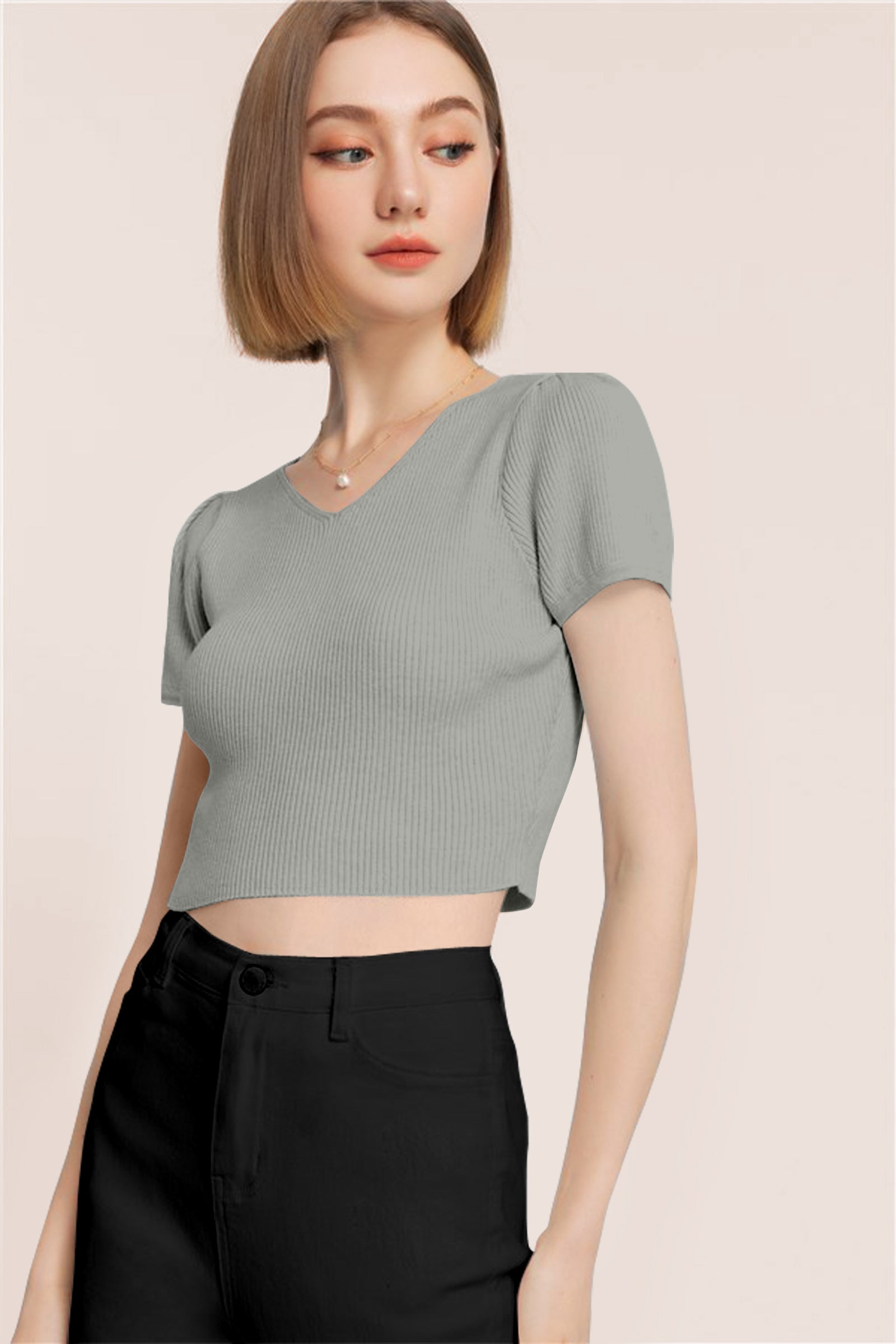Women’s Ribbed V-Neck Crop Top – White