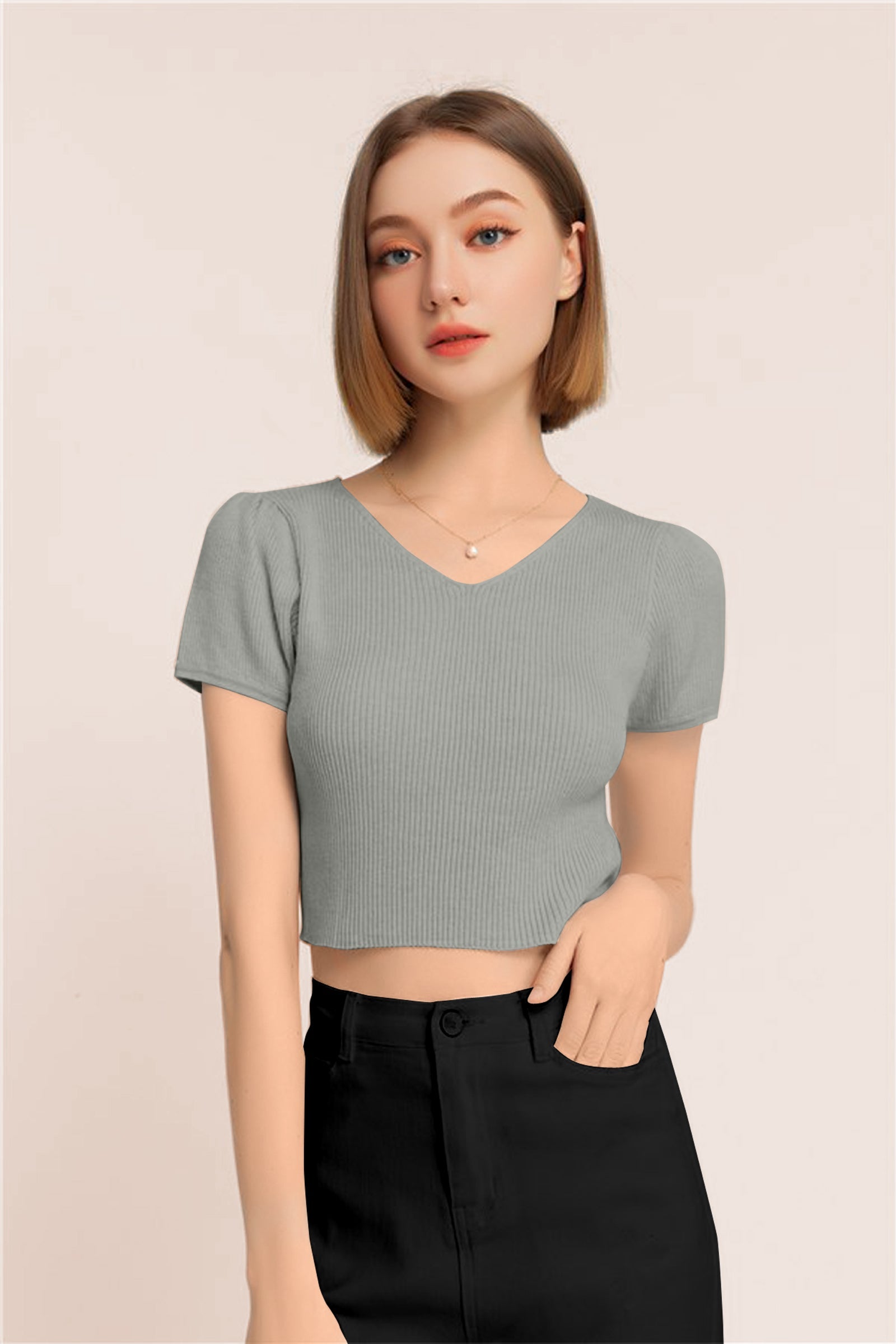 Women’s Ribbed V-Neck Crop Top – Grey