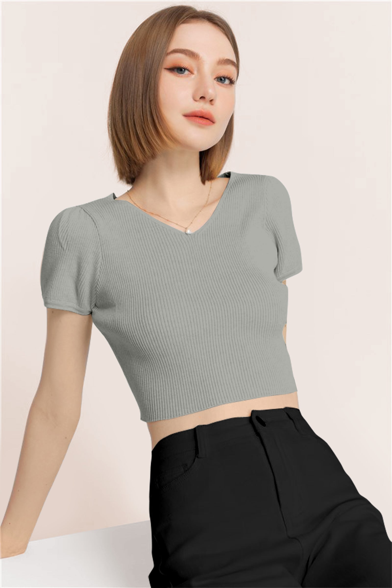 Women’s Ribbed V-Neck Crop Top – Grey