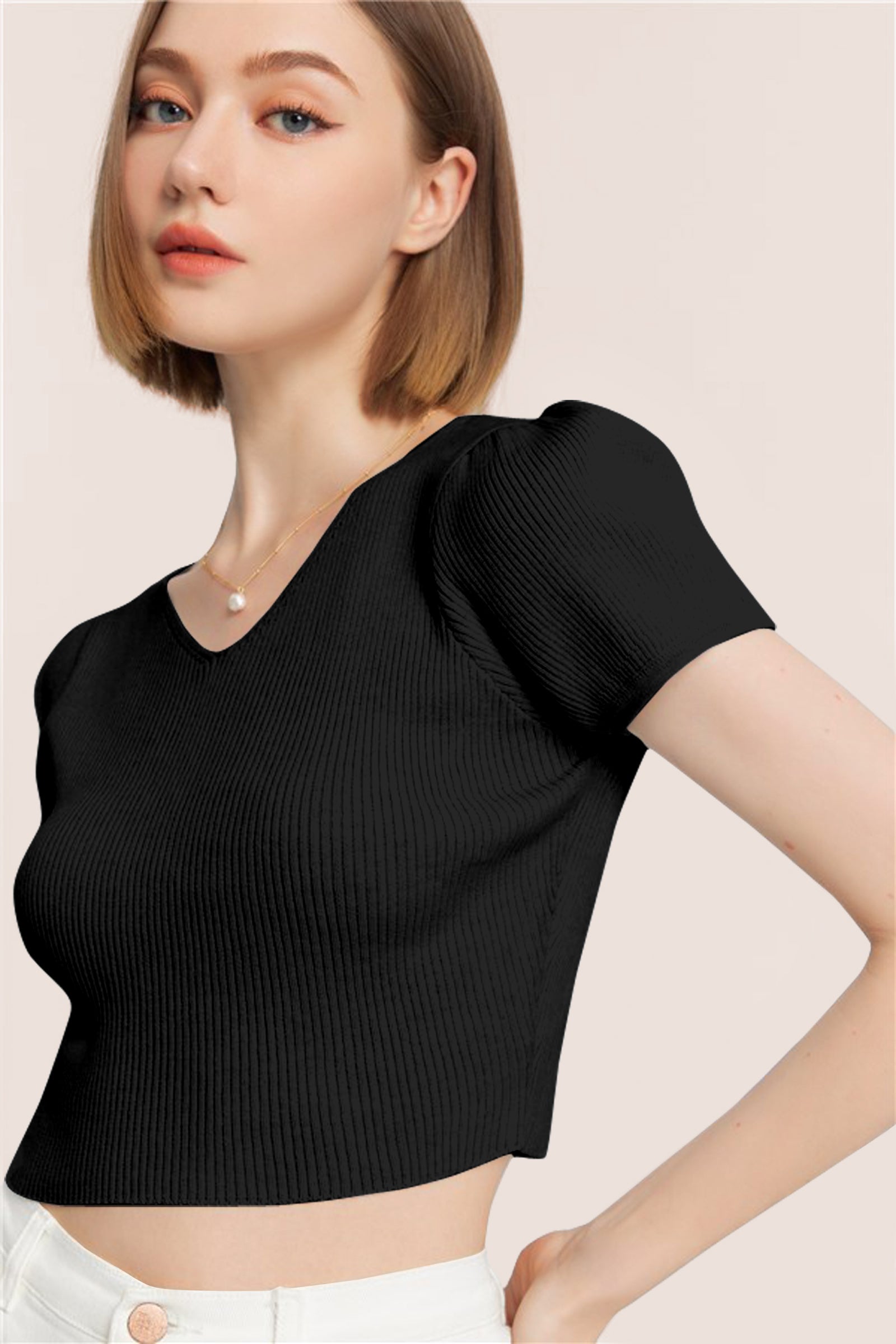Women’s Ribbed V-Neck Crop Top – Grey