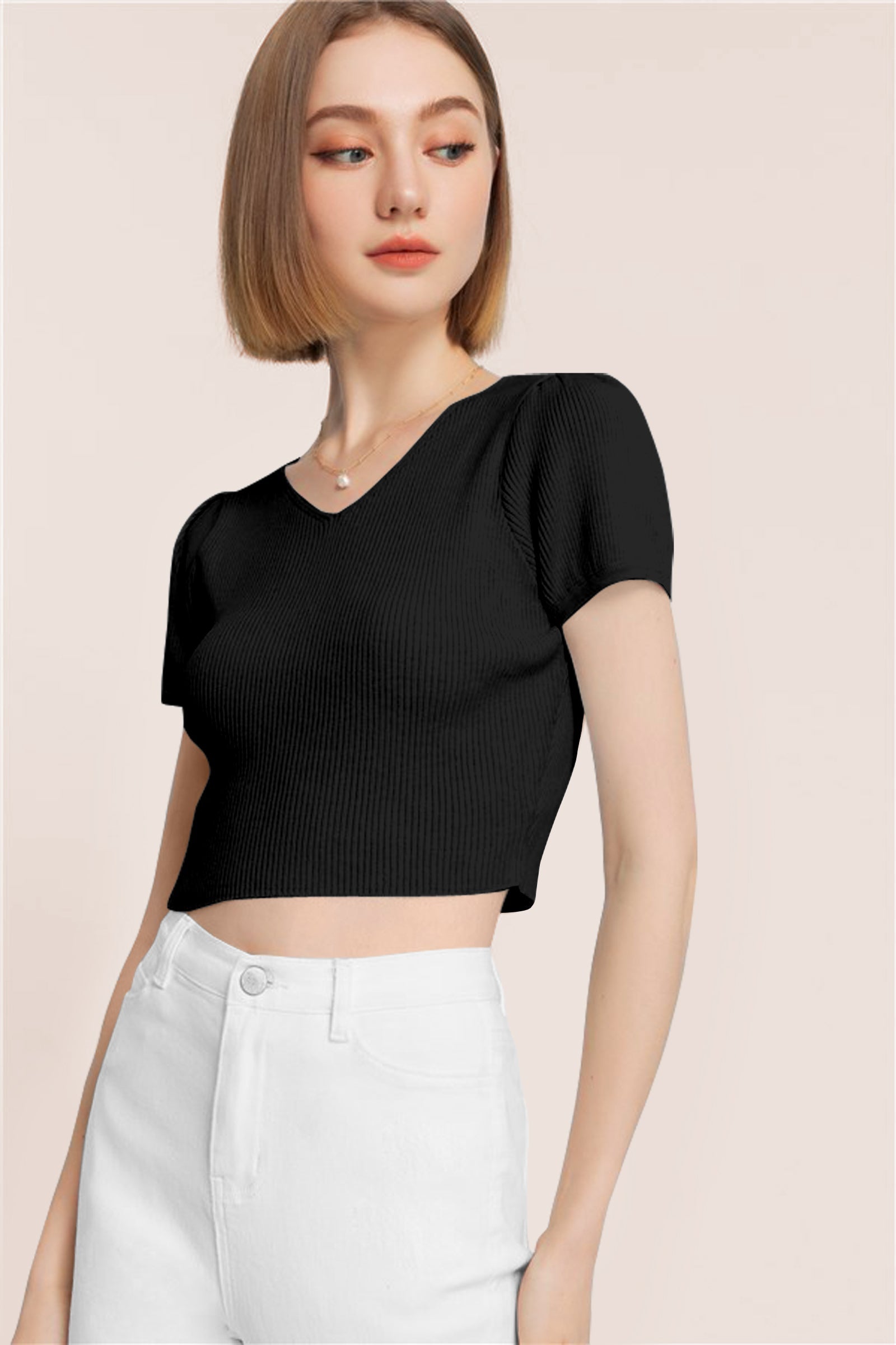 Women’s Ribbed V-Neck Crop Top – Black