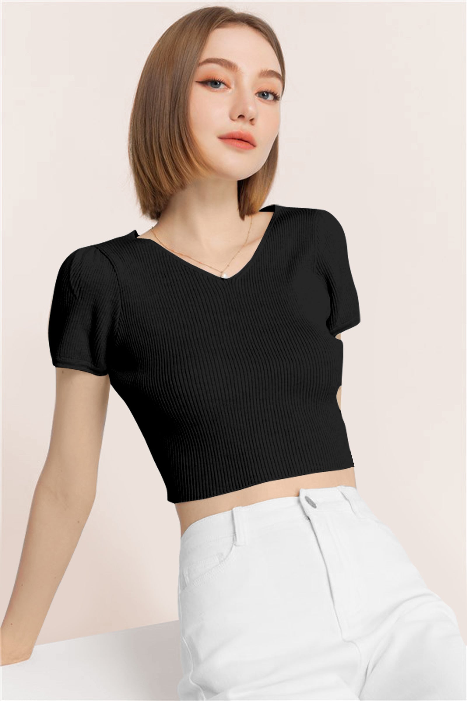 Women’s Ribbed V-Neck Crop Top – Black