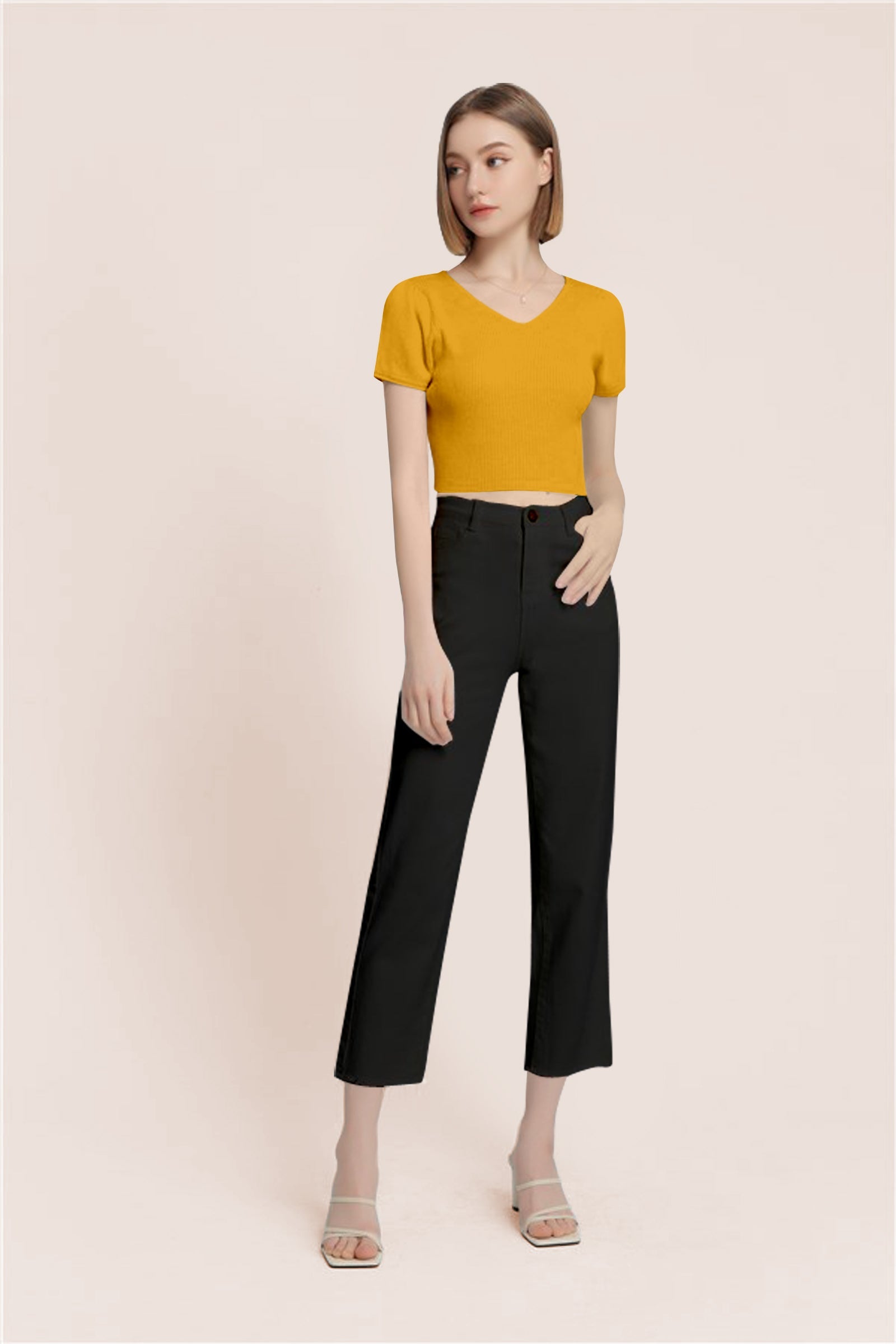 Women’s Ribbed V-Neck Crop Top – Mustard Yellow