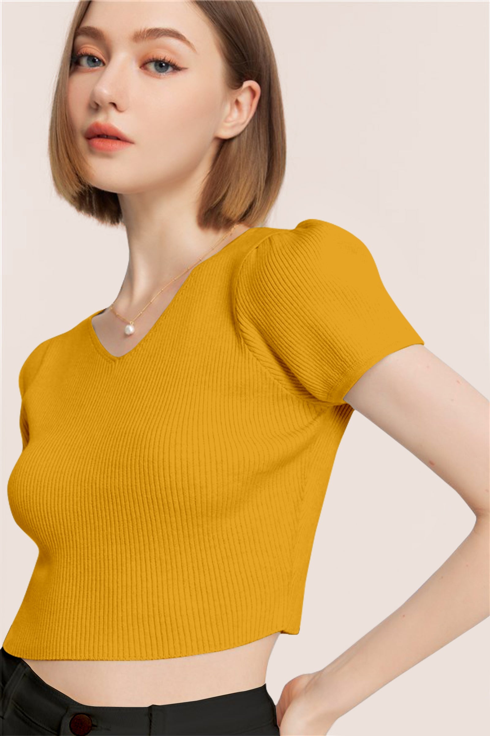 Women’s Ribbed V-Neck Crop Top – Mustard Yellow