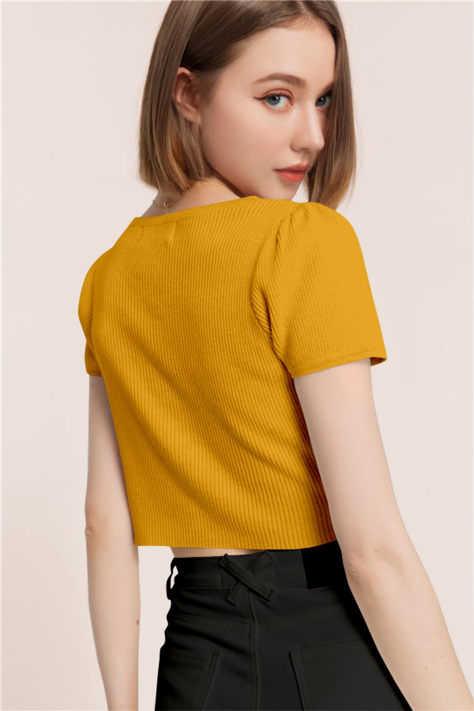Women’s Ribbed V-Neck Crop Top – Mustard Yellow