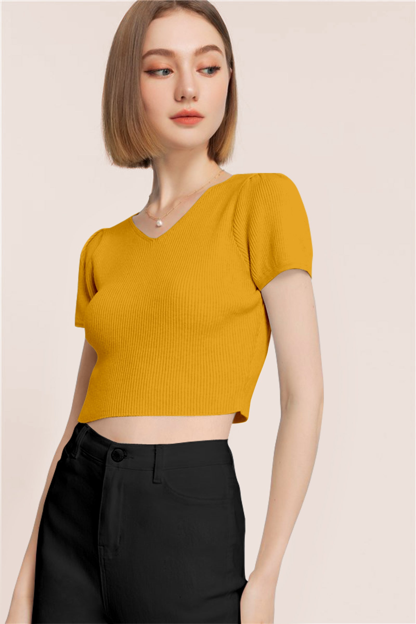 Women’s Ribbed V-Neck Crop Top – Grey