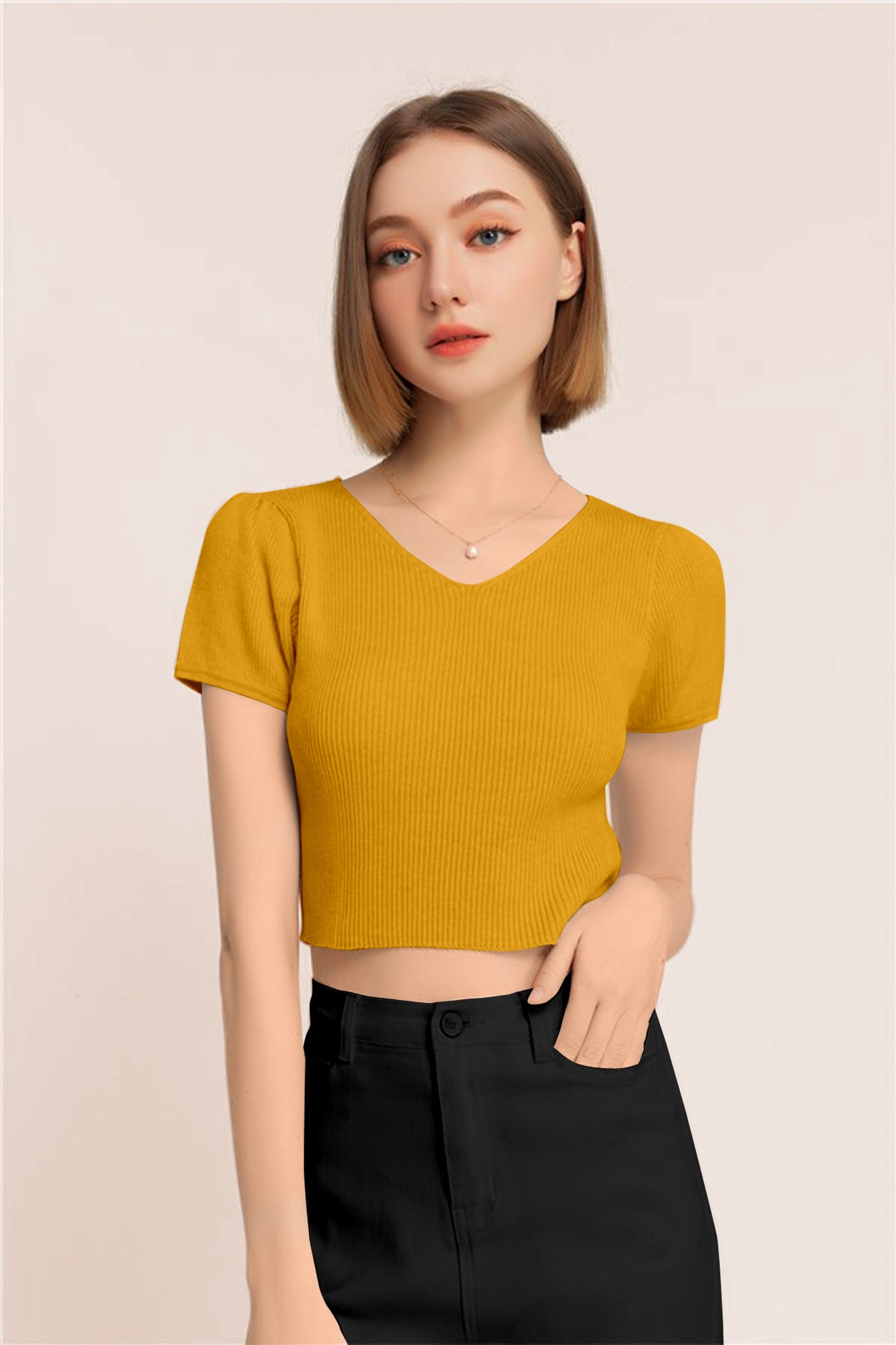 Women’s Ribbed V-Neck Crop Top – Mustard Yellow
