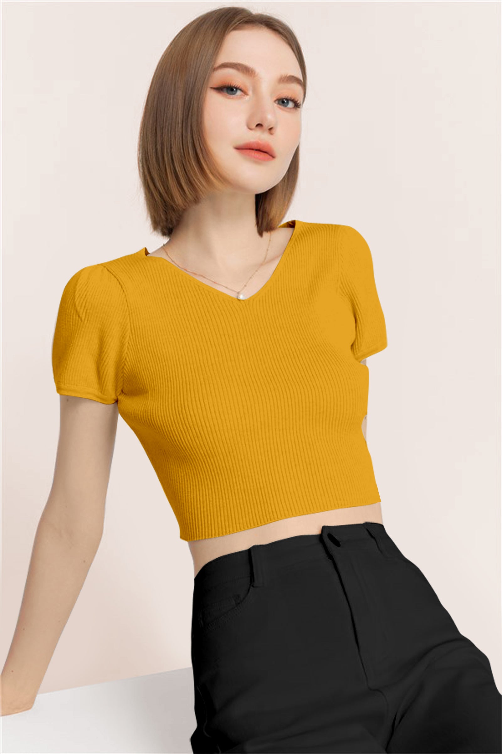 Women’s Ribbed V-Neck Crop Top – Grey