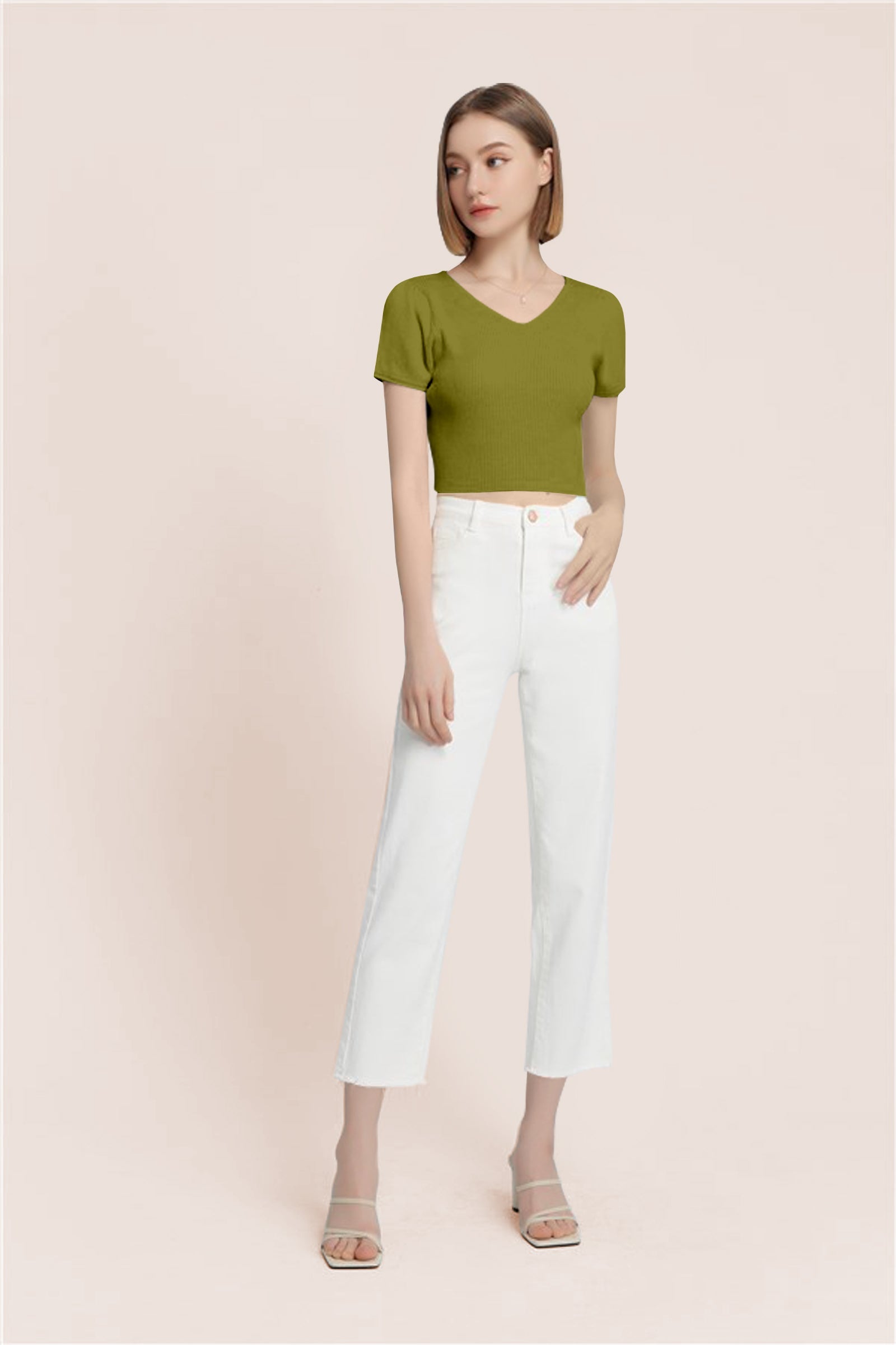Women’s Ribbed V-Neck Crop Top – Olive
