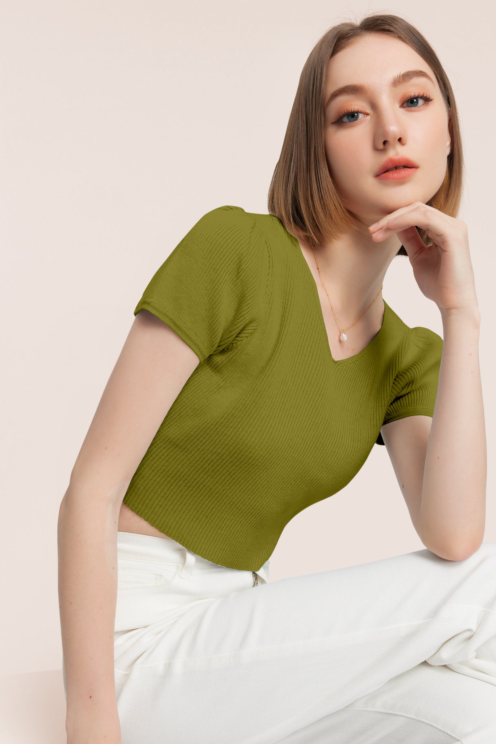 Women’s Ribbed V-Neck Crop Top – Grey