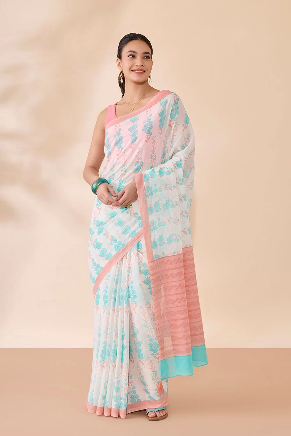 Beige Textured Silk Saree with Scallop Border