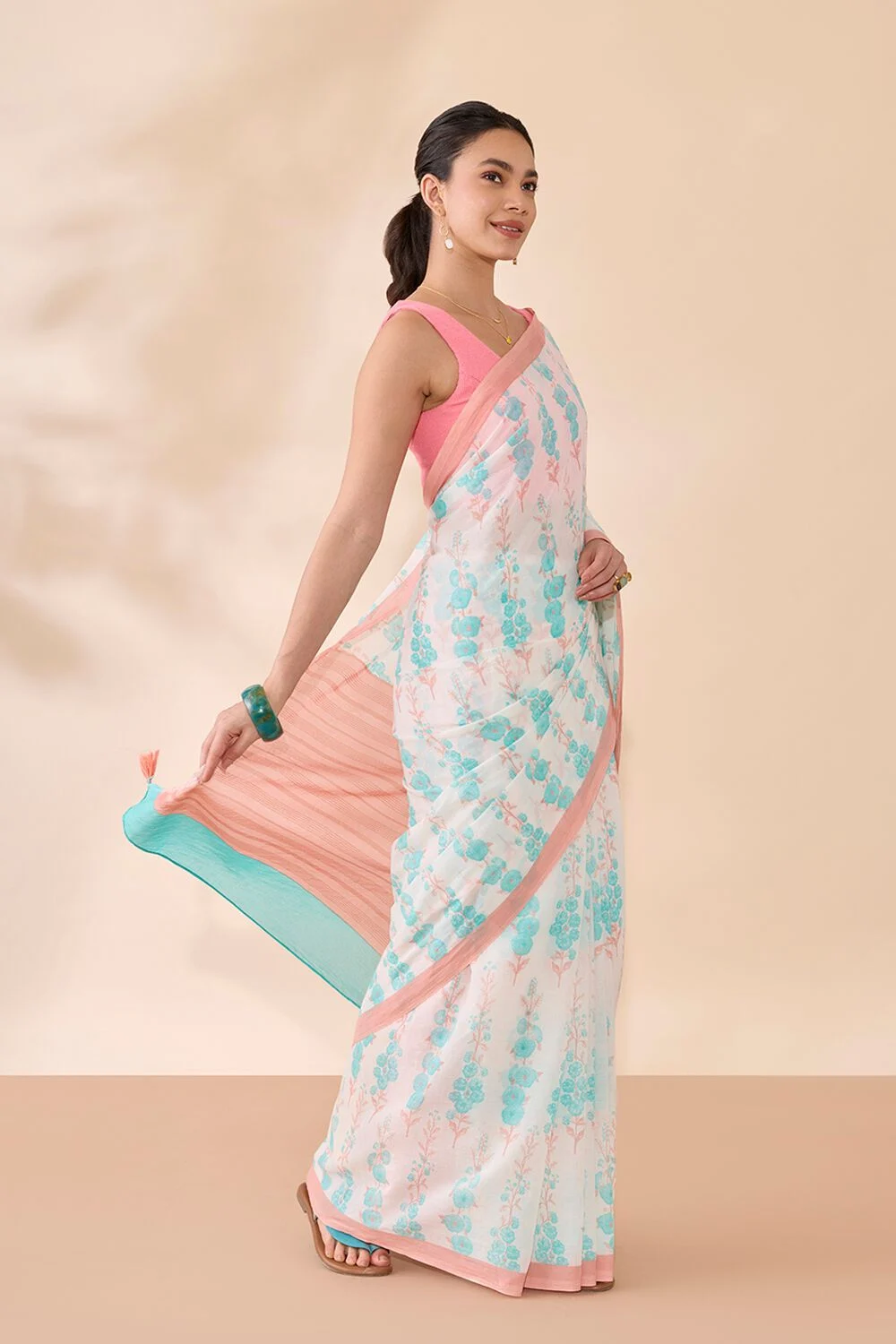 Beige Textured Silk Saree with Scallop Border