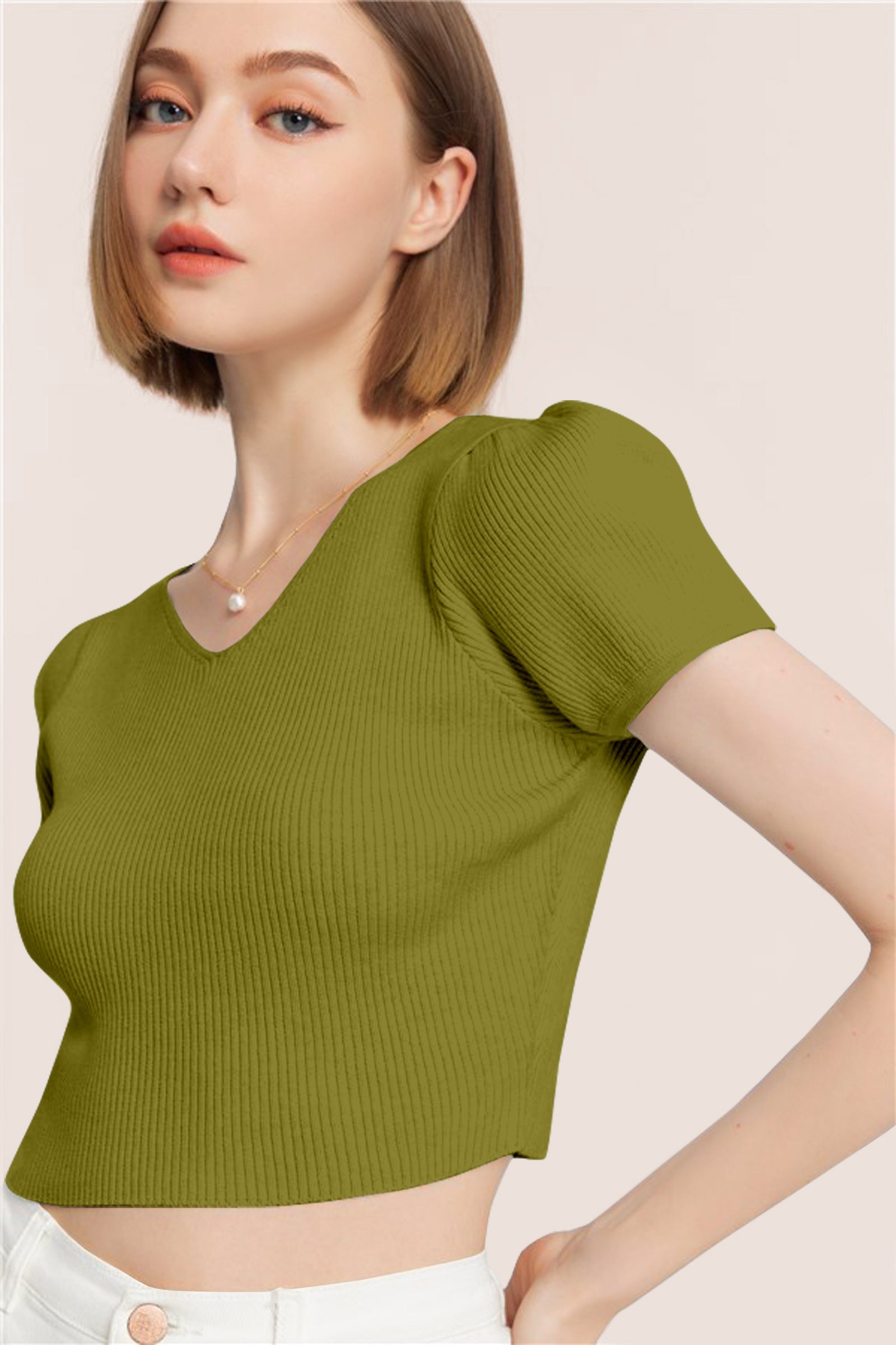 Women’s Ribbed V-Neck Crop Top – Olive