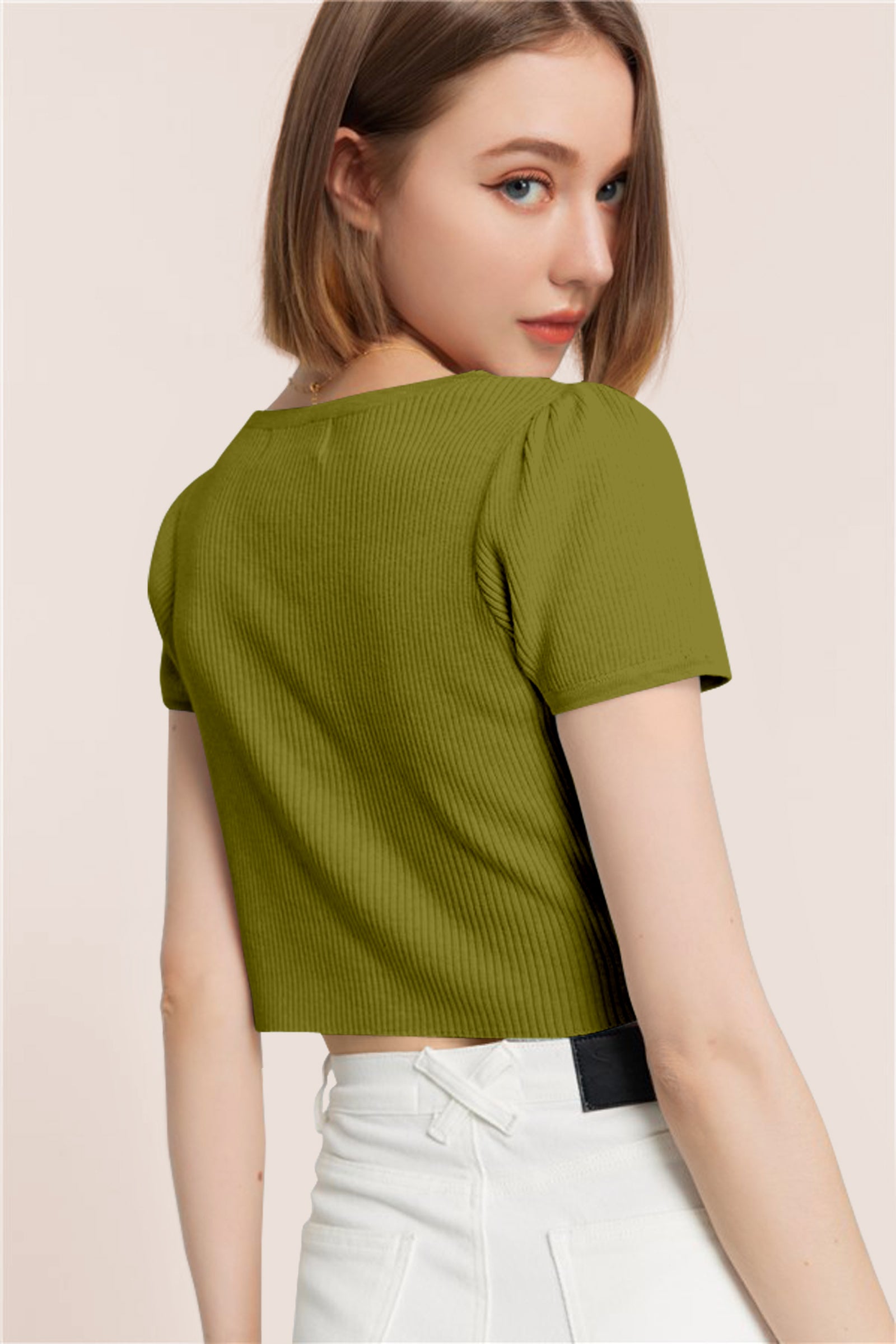 Women’s Ribbed V-Neck Crop Top – Grey