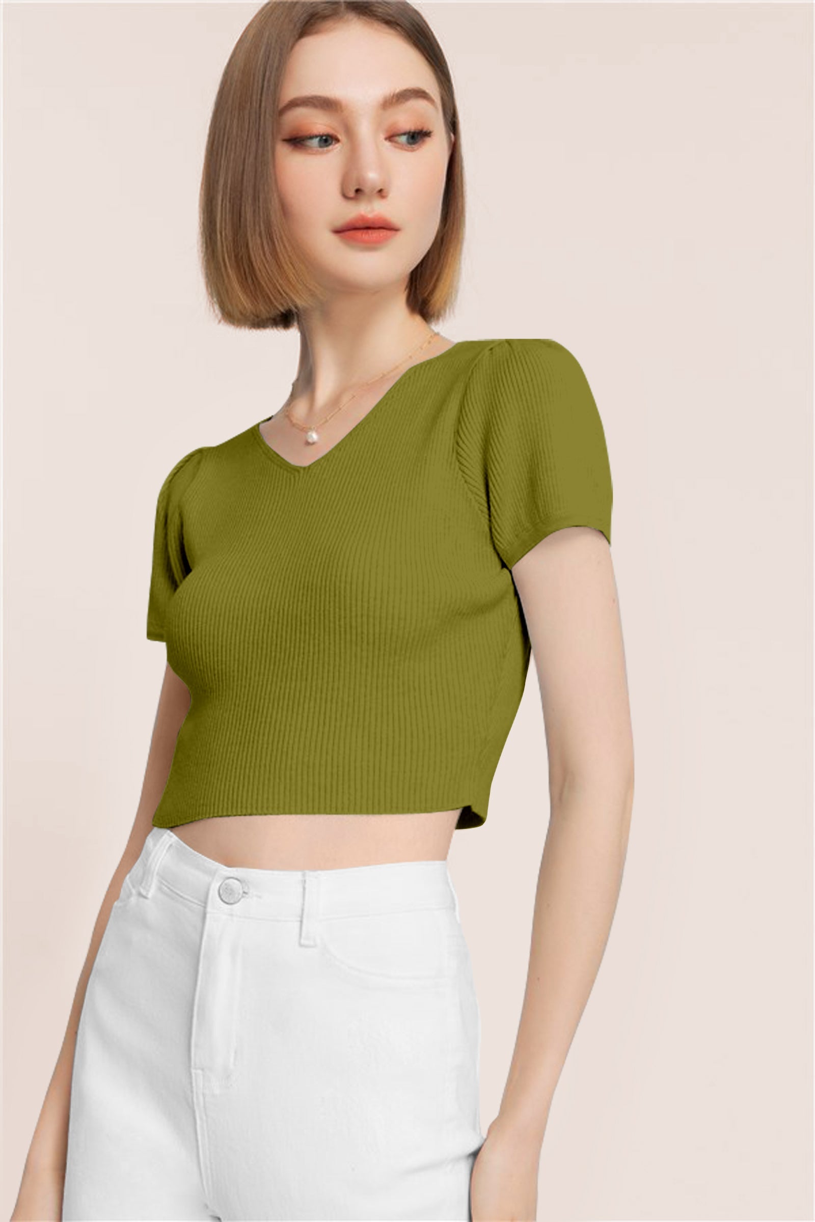Women’s Ribbed V-Neck Crop Top – Olive