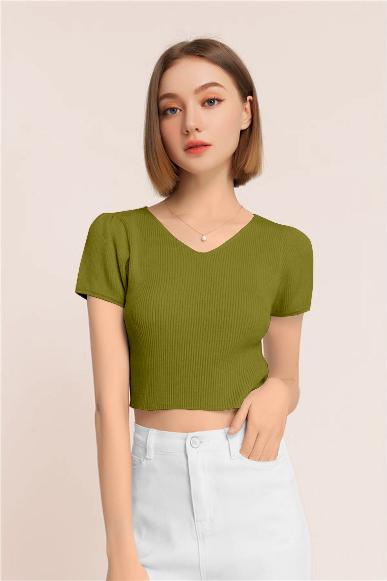 Women’s Ribbed V-Neck Crop Top – Olive