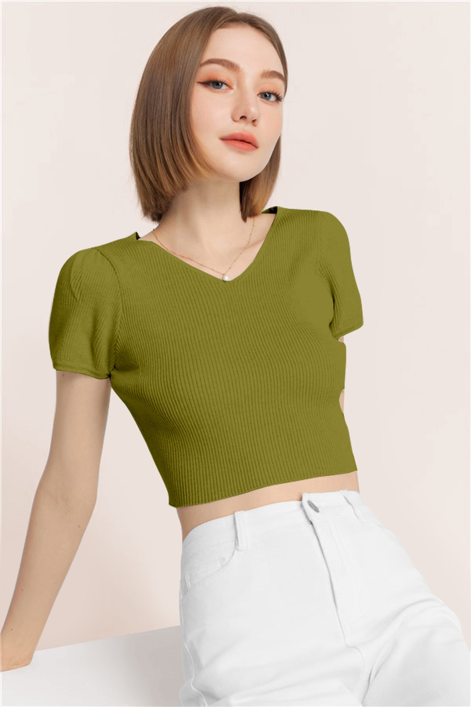 Women’s Ribbed V-Neck Crop Top – Olive