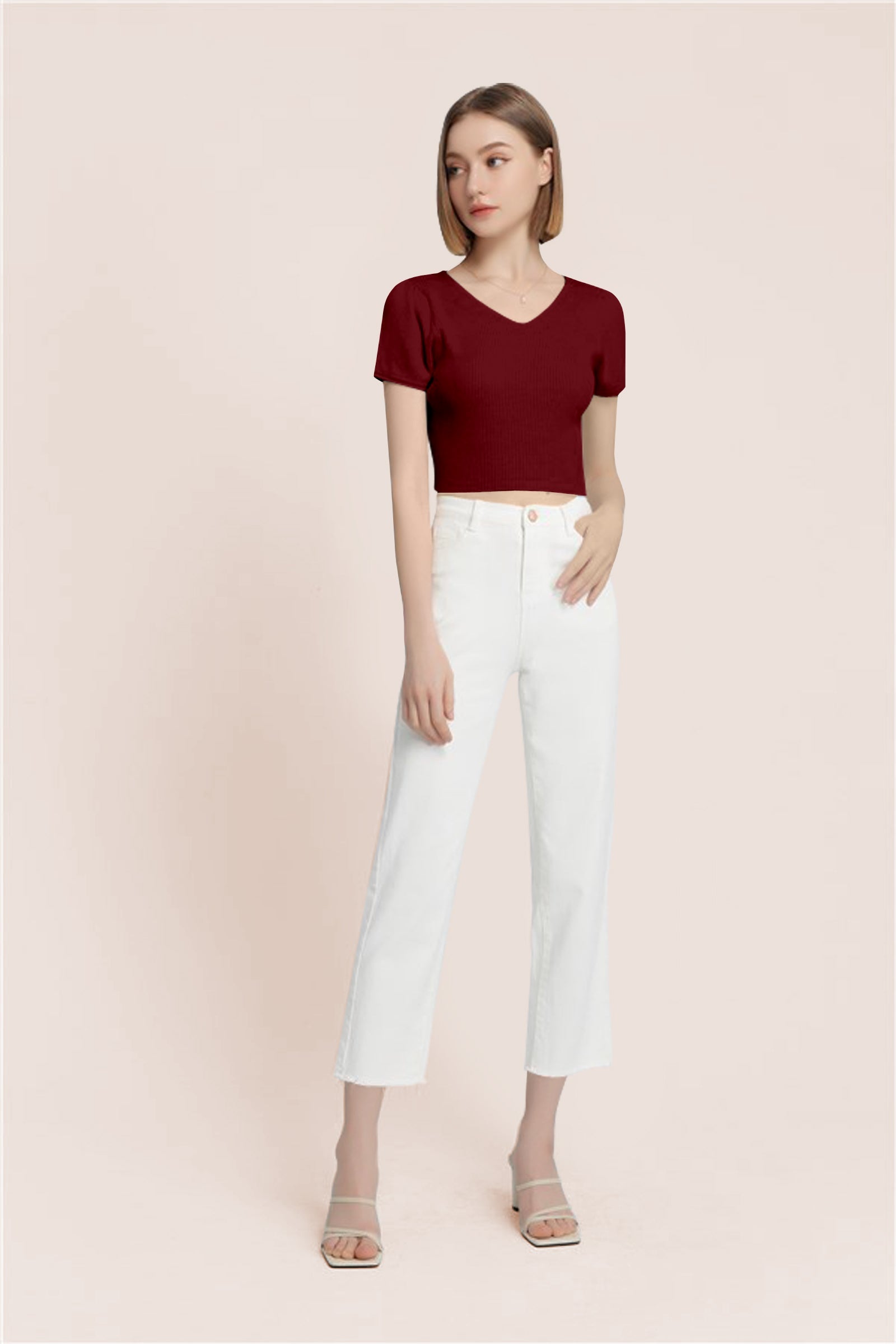 Women’s Ribbed V-Neck Crop Top – Maroon