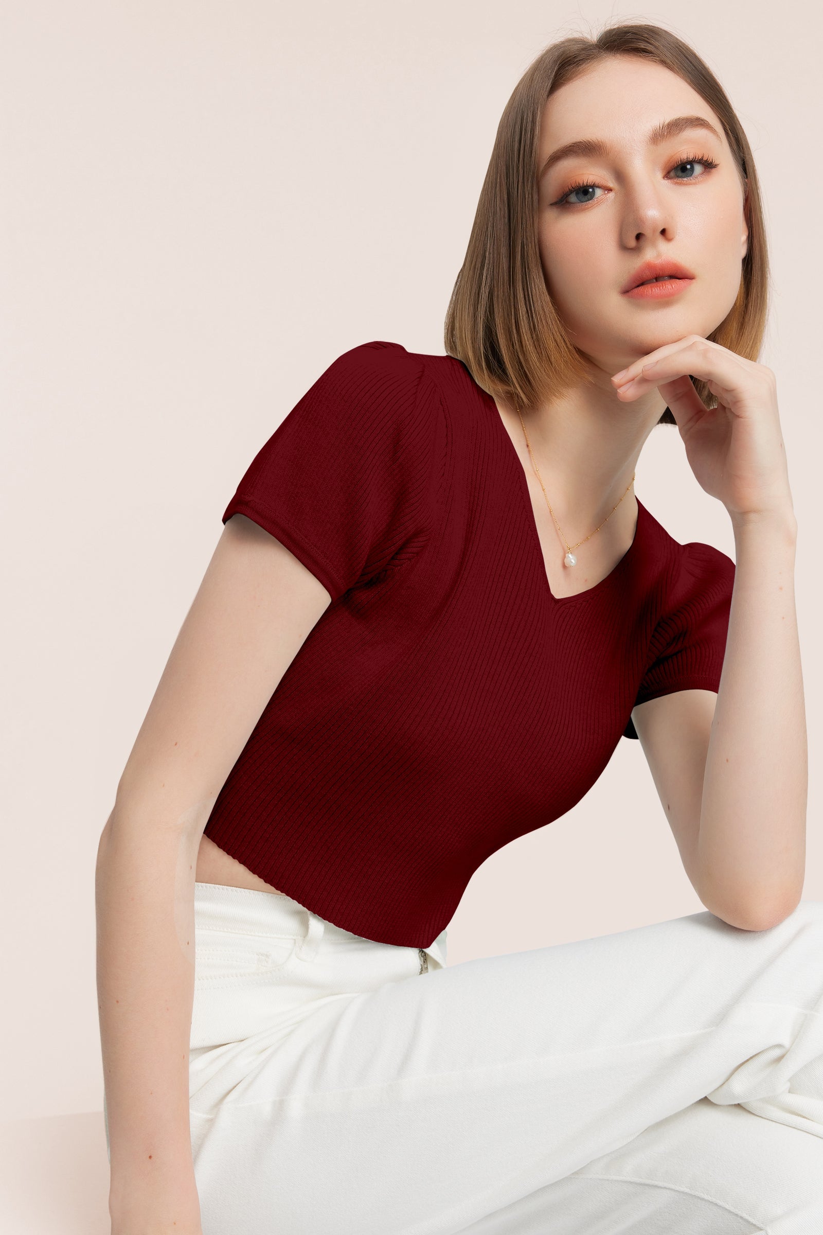 Women’s Ribbed V-Neck Crop Top – Maroon
