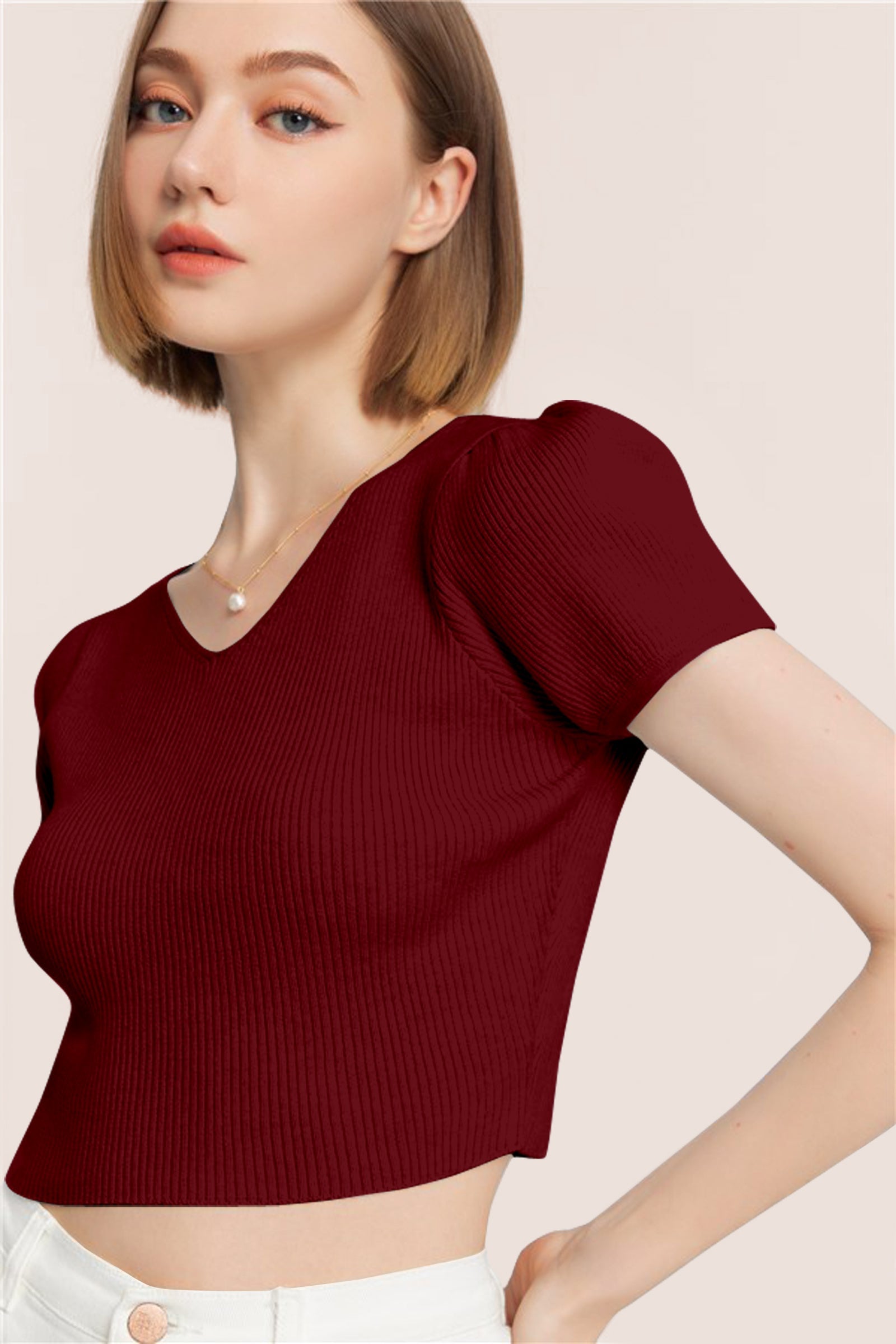 Women’s Ribbed V-Neck Crop Top – Maroon